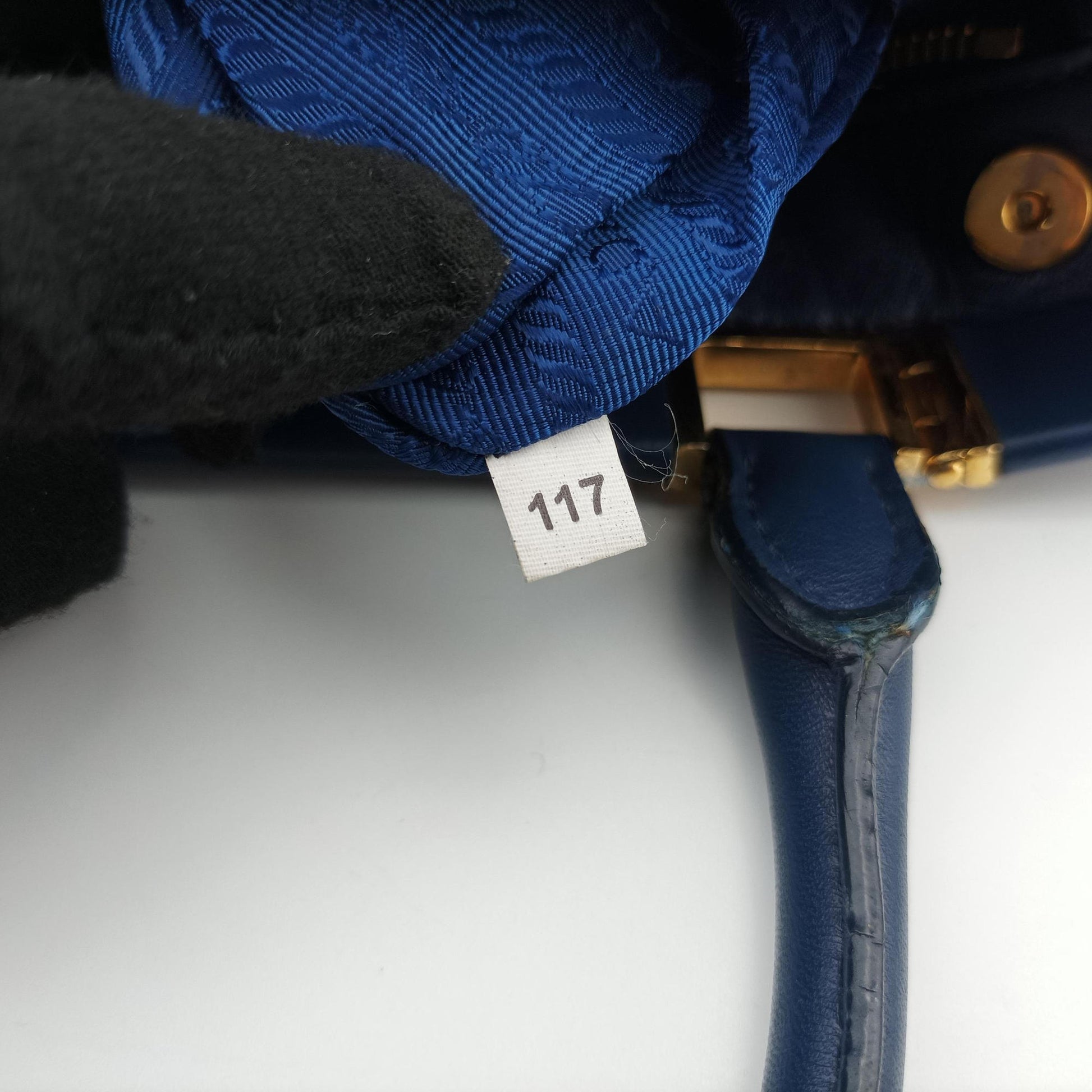 gathered bag Blue Nylon x leather 117ギャザーバッグ ブルー ナイロン×レザー 117