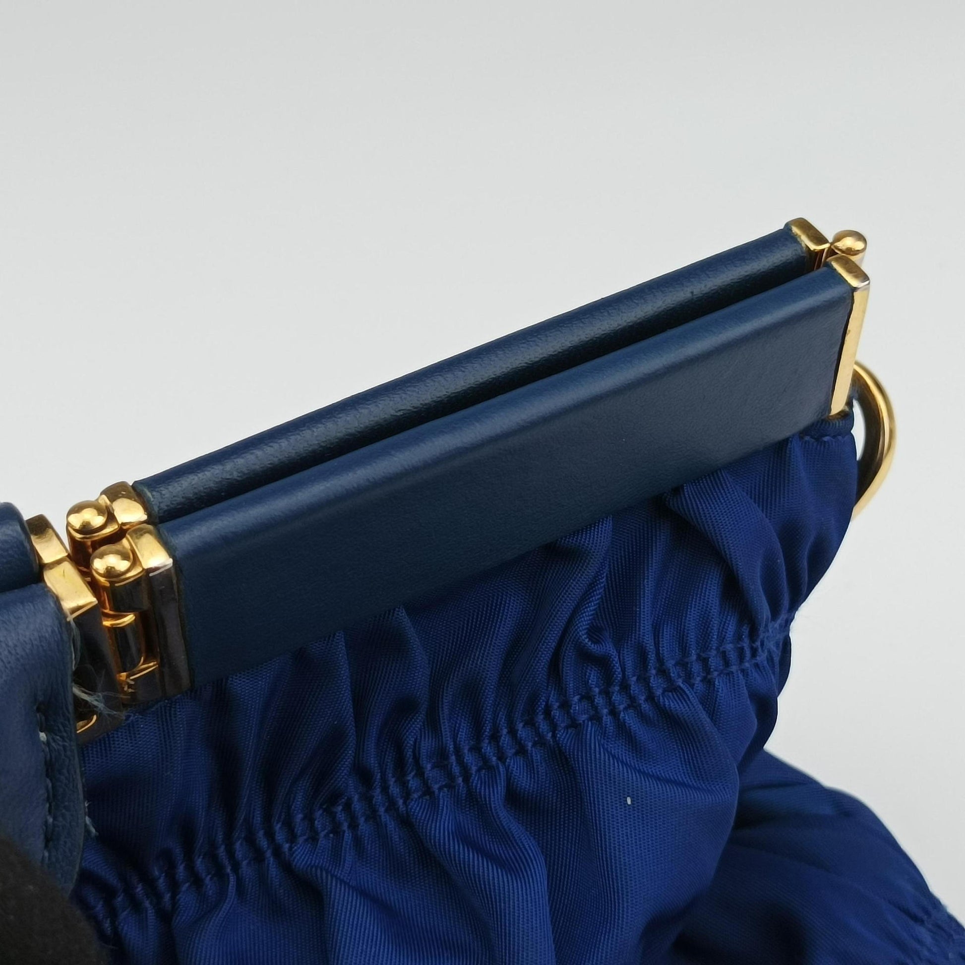 gathered bag Blue Nylon x leather 117ギャザーバッグ ブルー ナイロン×レザー 117