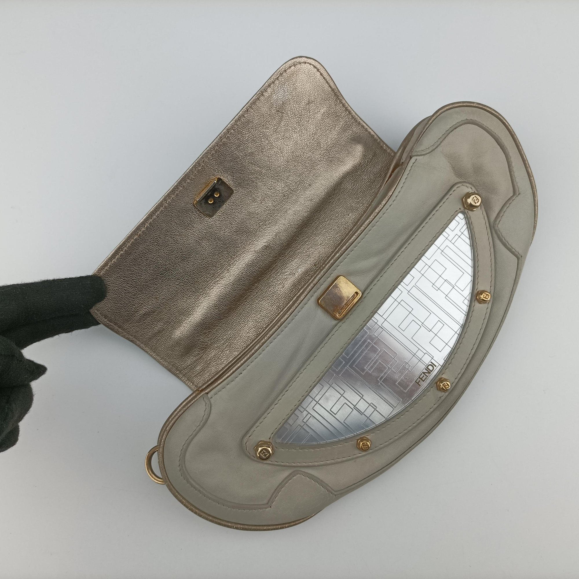 Vanity Mirrored Light Blue × Silver Leather × Plastic 8BN135 Lot number unknownバニティミラー ライトブルー×シルバー レザー×プラスチック 8BN135 製番不明