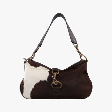 Horsebit Cow Print Hobo Brown Pony-style Calfskin × Leather 45ホースビット カウハラコ ブラウン ハラコ × ヴィンテージレザー 45