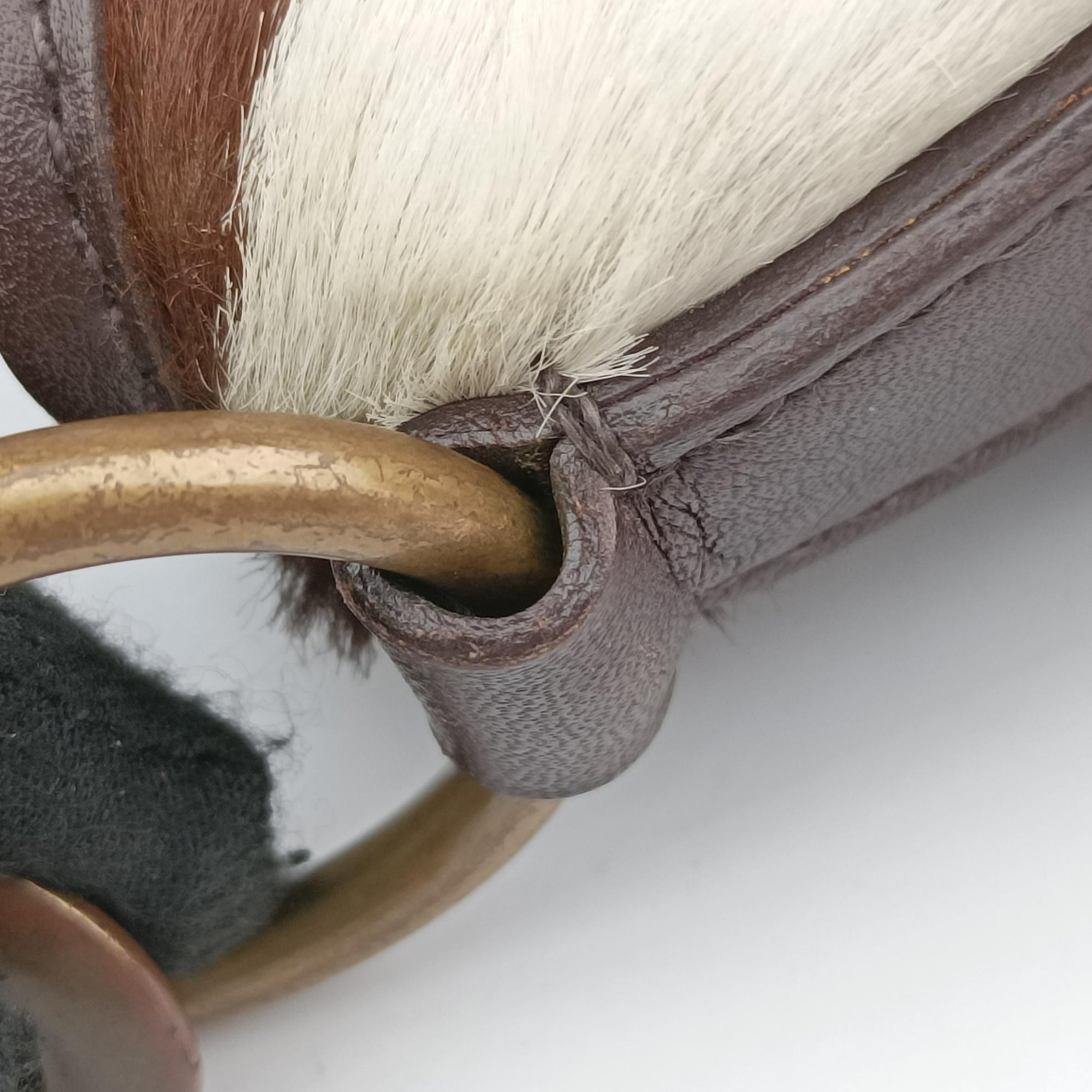 Horsebit Cow Print Hobo Brown Pony-style Calfskin × Leather 45ホースビット カウハラコ ブラウン ハラコ × ヴィンテージレザー 45