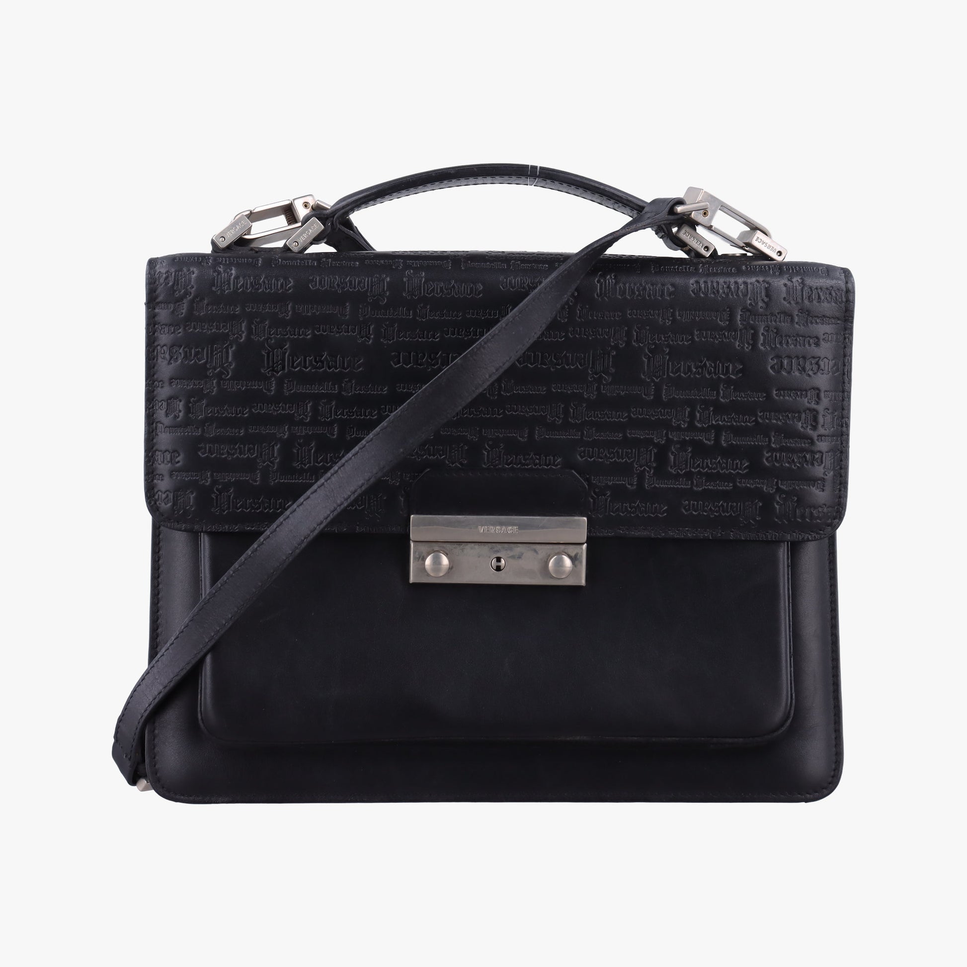 Embossed Logo Top Handle Messenger Black Leather ロゴ型押し 2WAY メッセンジャー ブラック レザー 