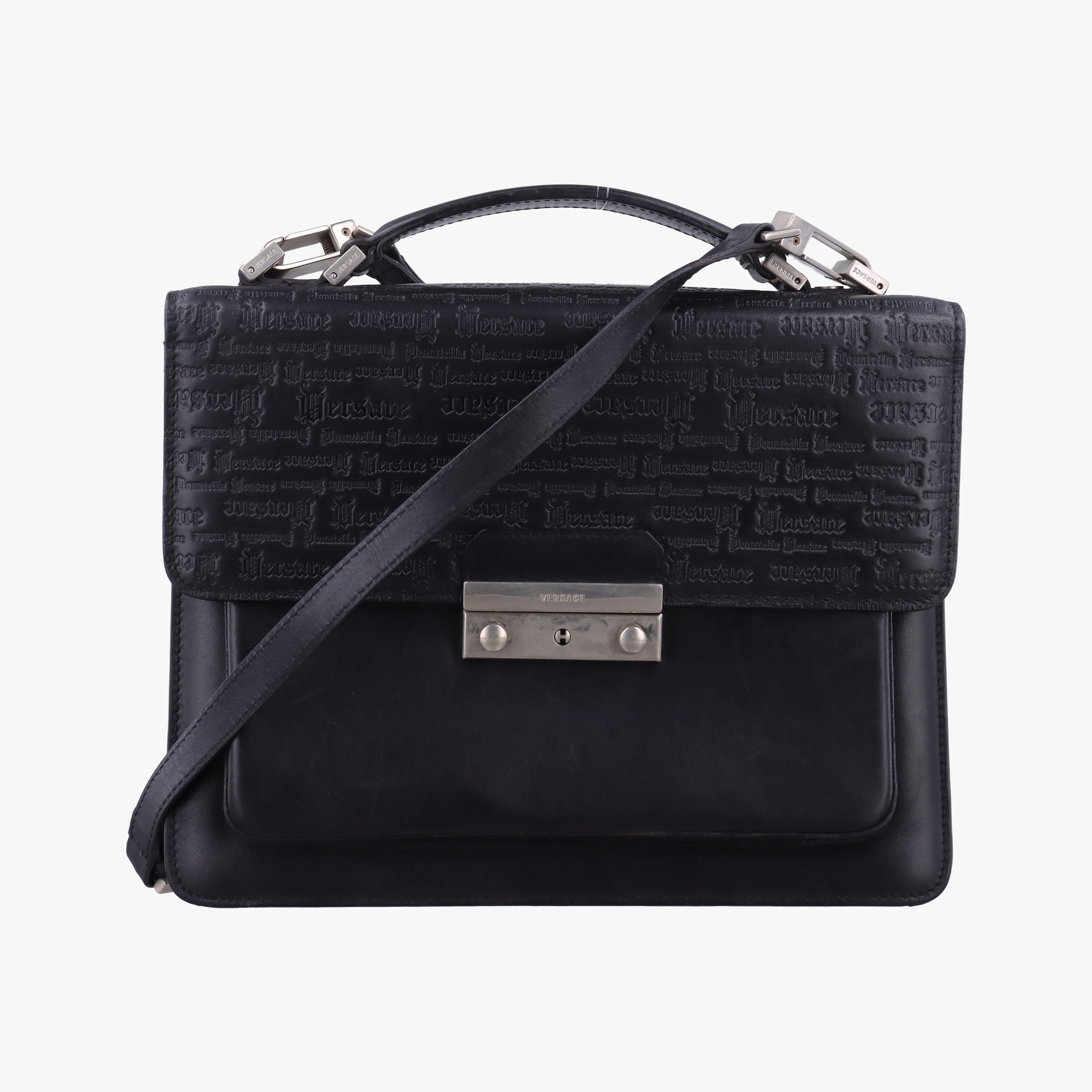 Embossed Logo Top Handle Messenger Black Leather ロゴ型押し 2WAY メッセンジャー ブラック レザー 