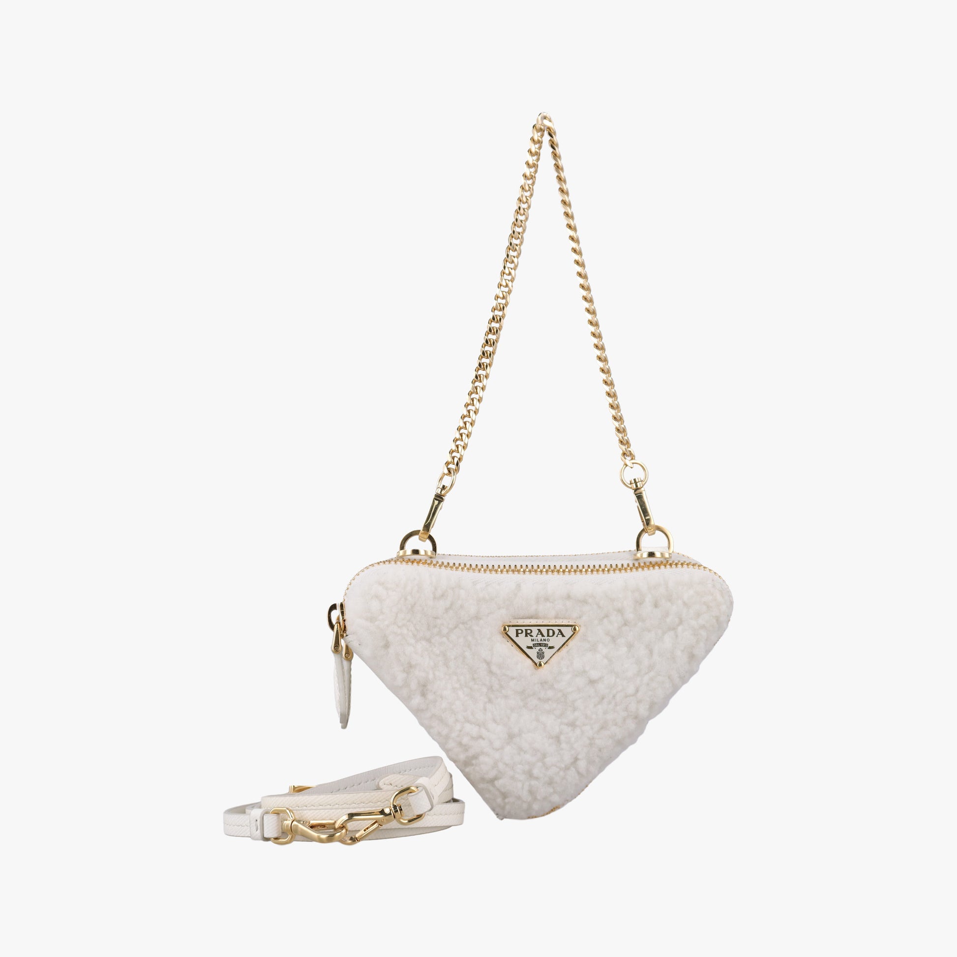 Triangle White Fur×SAFFIANO Leather 1NR015 62トライアングル ホワイト ファー×サフィアーノレザー 1NR015 62