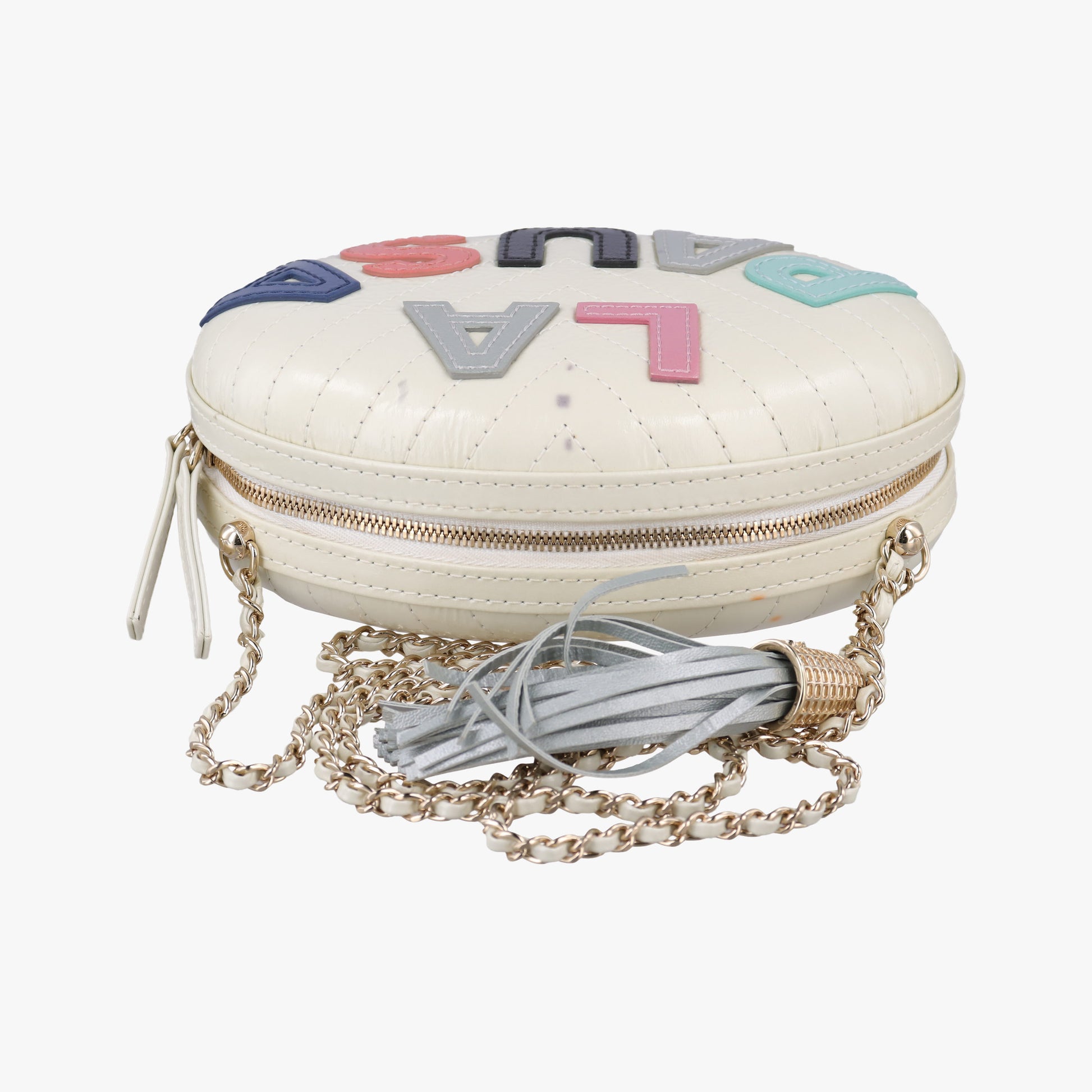LA PAUSA Shiny Chevron Oval Tassel White Leather AS0204 26943915ラパウザ Vステッチ フリンジ ホワイト レザー AS0204 26943915