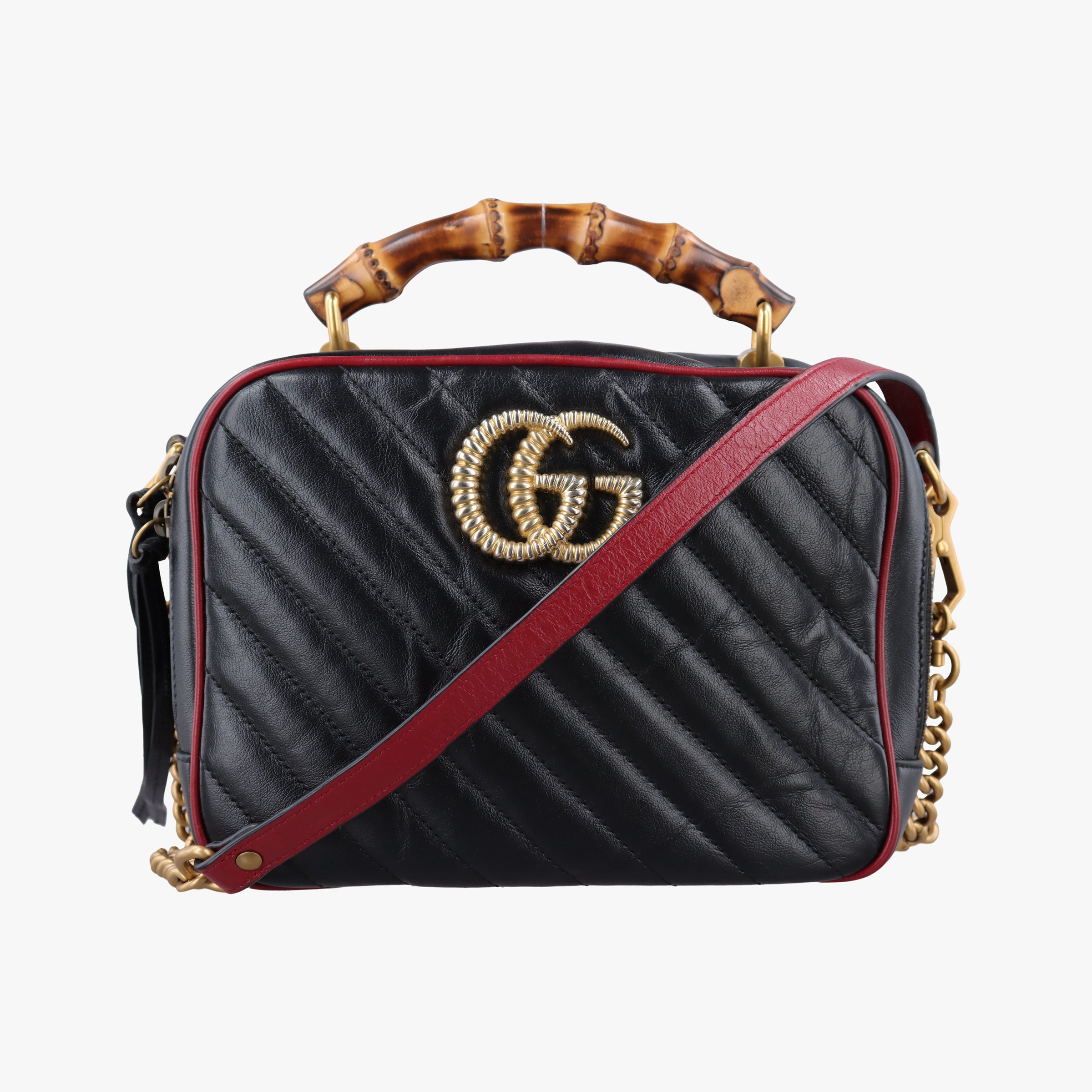 GG Marmont Bamboo Top Handle Black×Red Leather 602270 H031709587GGマーモント バンブー トップ ハンドル ブラック×レッド レザー 602270 H031709587