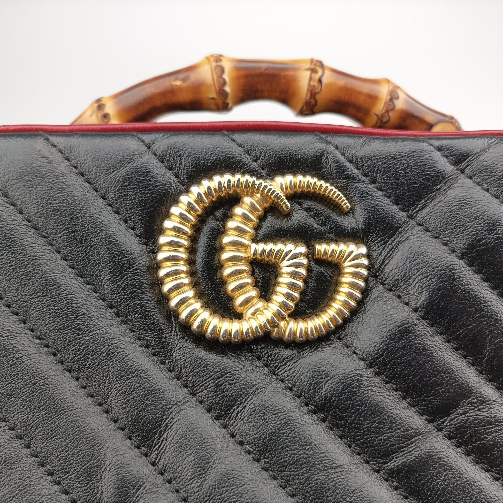 GG Marmont Bamboo Top Handle Black×Red Leather 602270 H031709587GGマーモント バンブー トップ ハンドル ブラック×レッド レザー 602270 H031709587