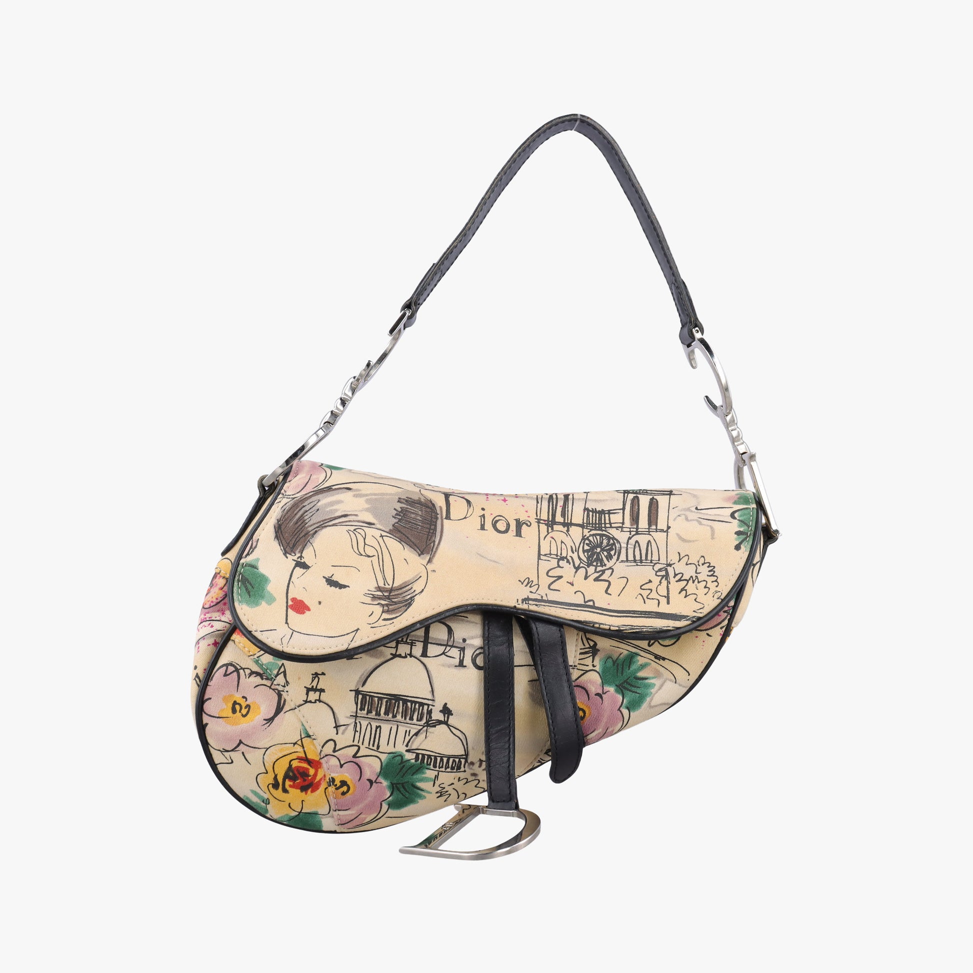 Paris '50s Motif Print Saddle Bag Beige × Multicolor Canvas × Leather 06-RU-003550's パリ モチーフ プリント サドルバッグ ベージュ×マルチカラー キャンバス × レザー 06-RU-0035