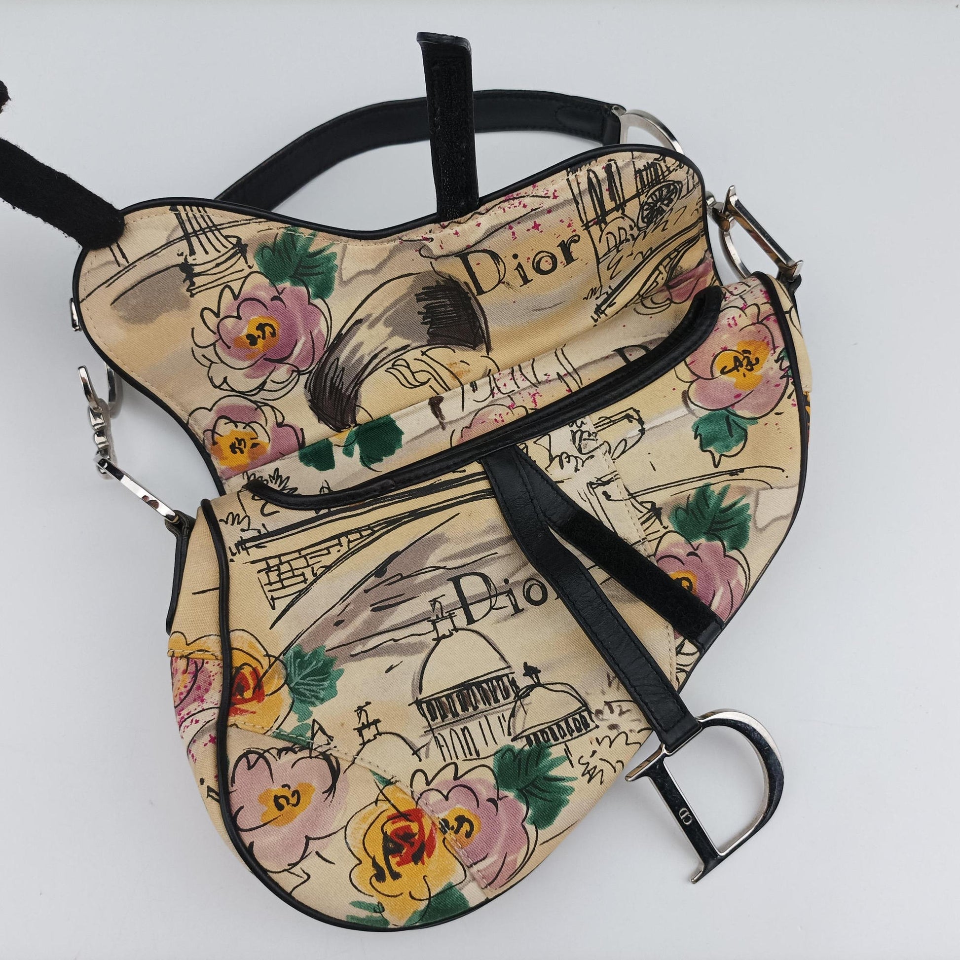 Paris '50s Motif Print Saddle Bag Beige × Multicolor Canvas × Leather 06-RU-003550's パリ モチーフ プリント サドルバッグ ベージュ×マルチカラー キャンバス × レザー 06-RU-0035
