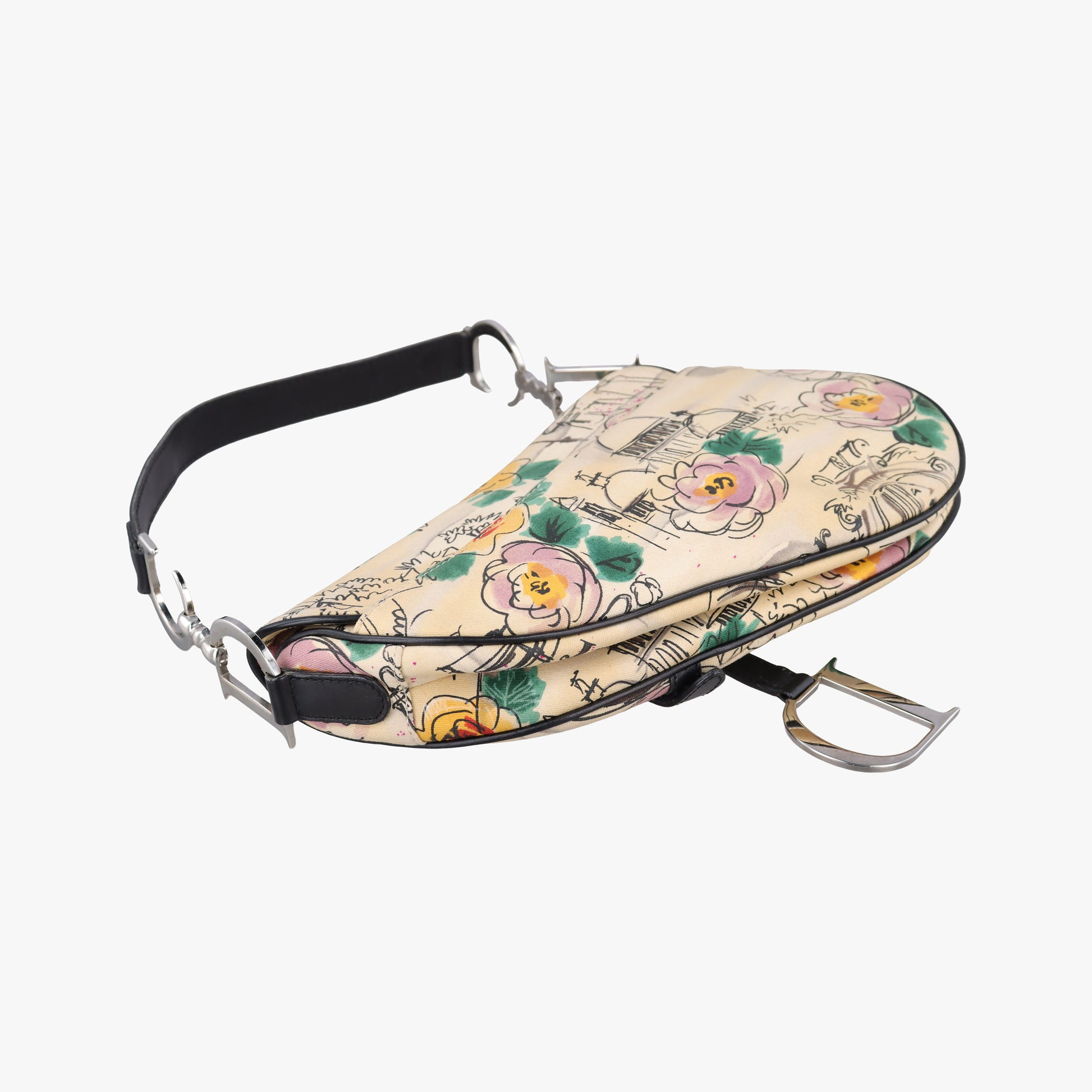 Paris '50s Motif Print Saddle Bag Beige × Multicolor Canvas × Leather 06-RU-003550's パリ モチーフ プリント サドルバッグ ベージュ×マルチカラー キャンバス × レザー 06-RU-0035