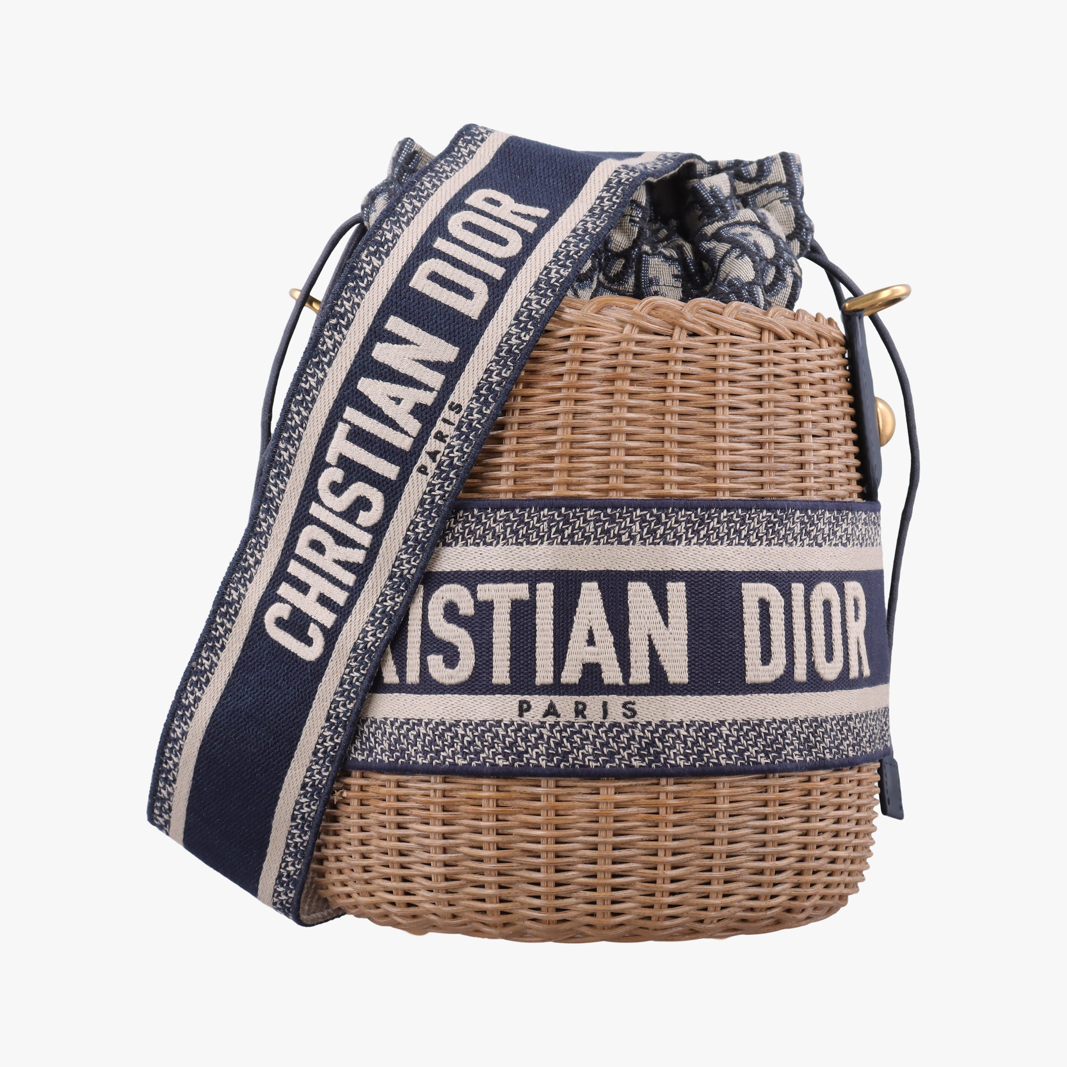 Wicker Basket Beige×navy Natural wicker×Dior oblique jacquard 63-MA-0211ウィッカー バケット ベージュ×ネイビー ナチュラルウィッカー×ディオール オブリーク ジャカード 63-MA-0211