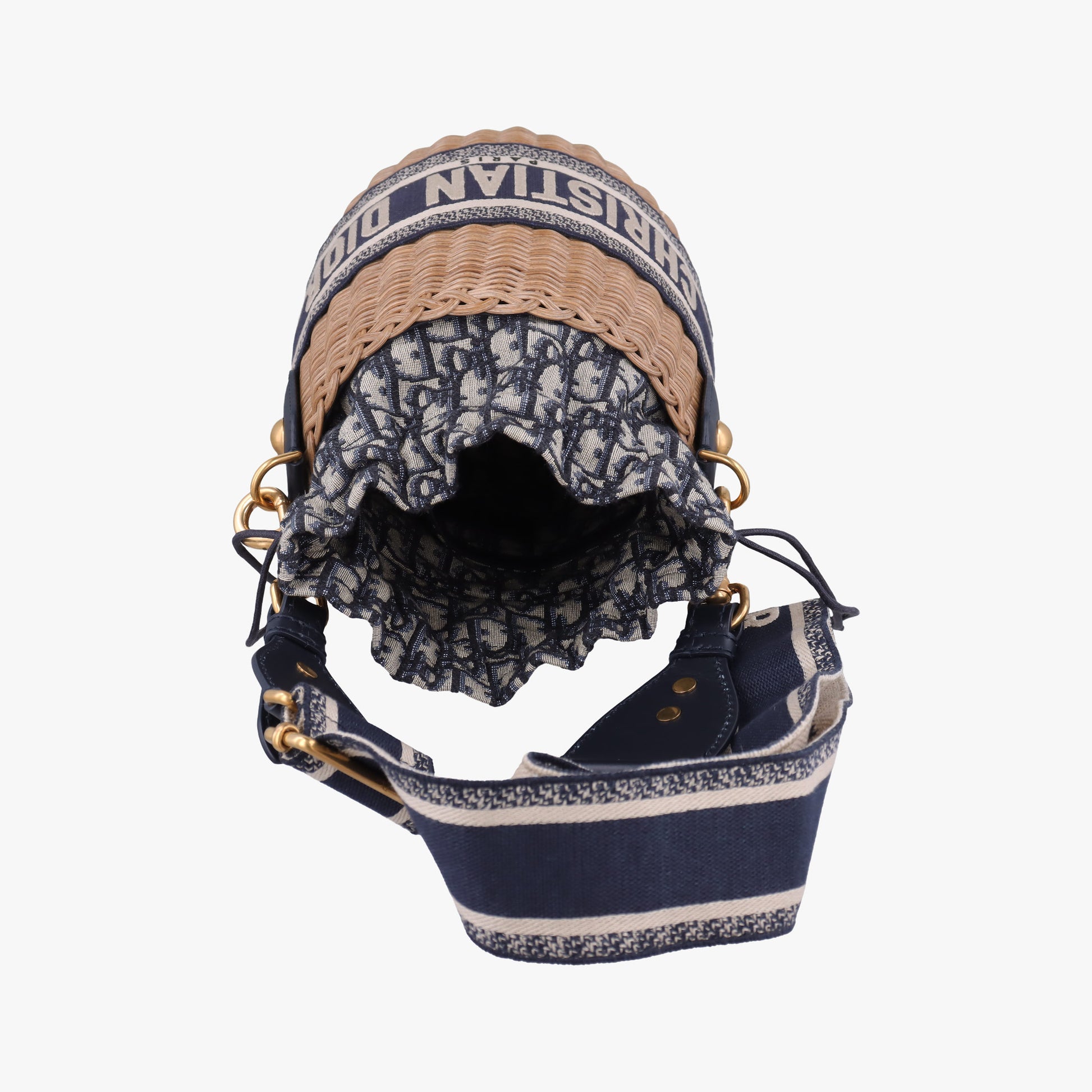 Wicker Basket Beige×navy Natural wicker×Dior oblique jacquard 63-MA-0211ウィッカー バケット ベージュ×ネイビー ナチュラルウィッカー×ディオール オブリーク ジャカード 63-MA-0211