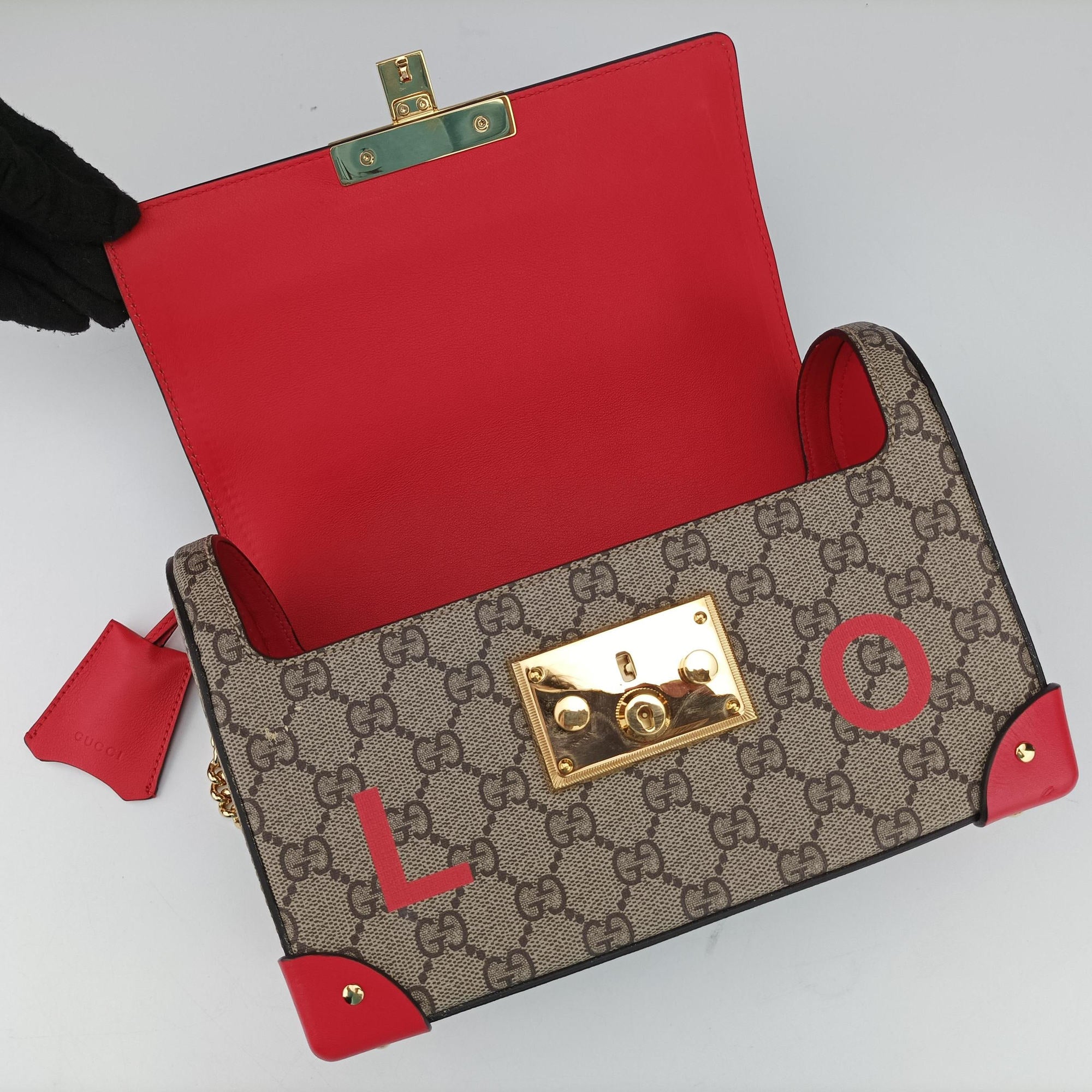 GG flora Padlock Bamboo Brown × Red PVC coated canvas×leather 603221 I037029936GGアップル パドロック バンブー ブラウン × レッド PVCコーティングキャンバス×レザー 603221 I037029936