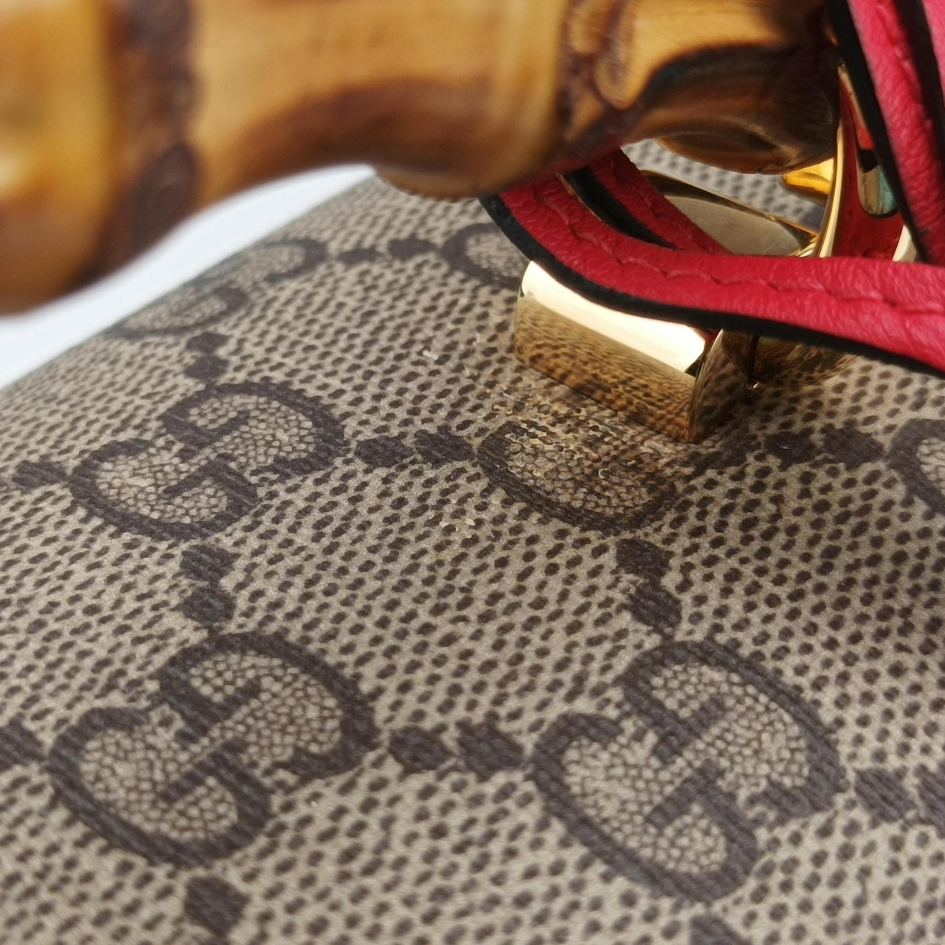 GG flora Padlock Bamboo Brown × Red PVC coated canvas×leather 603221 I037029936GGアップル パドロック バンブー ブラウン × レッド PVCコーティングキャンバス×レザー 603221 I037029936