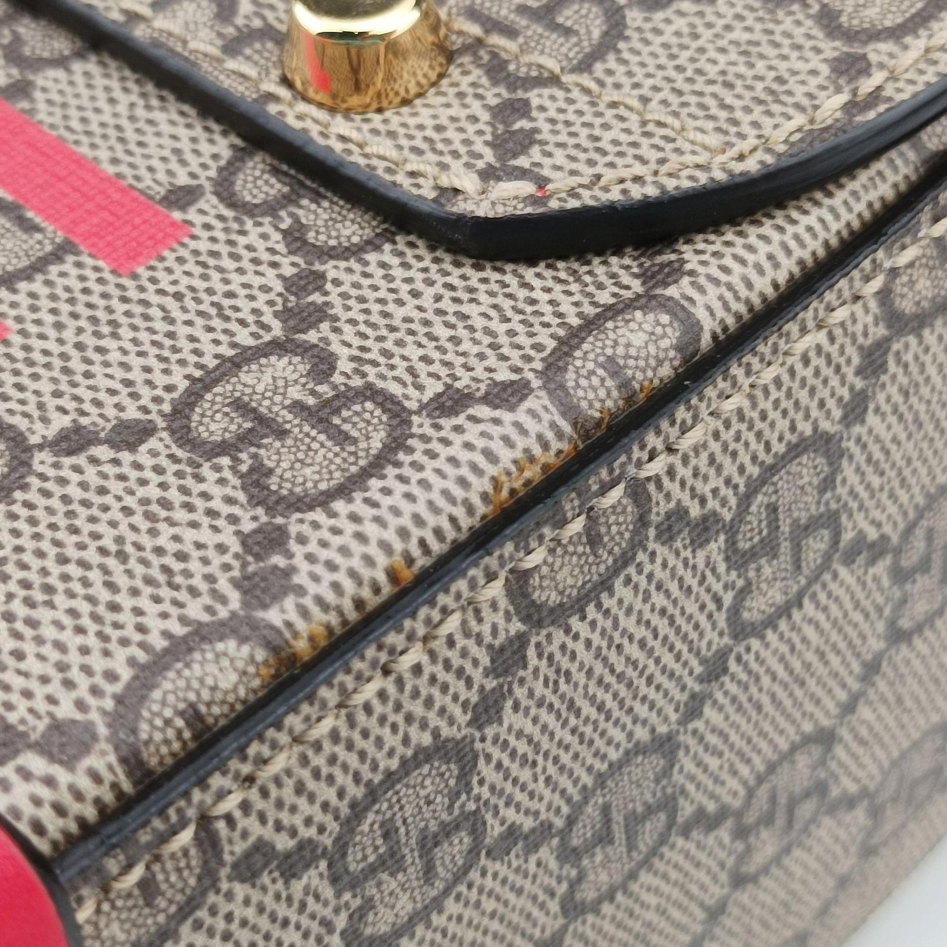 GG flora Padlock Bamboo Brown × Red PVC coated canvas×leather 603221 I037029936GGアップル パドロック バンブー ブラウン × レッド PVCコーティングキャンバス×レザー 603221 I037029936