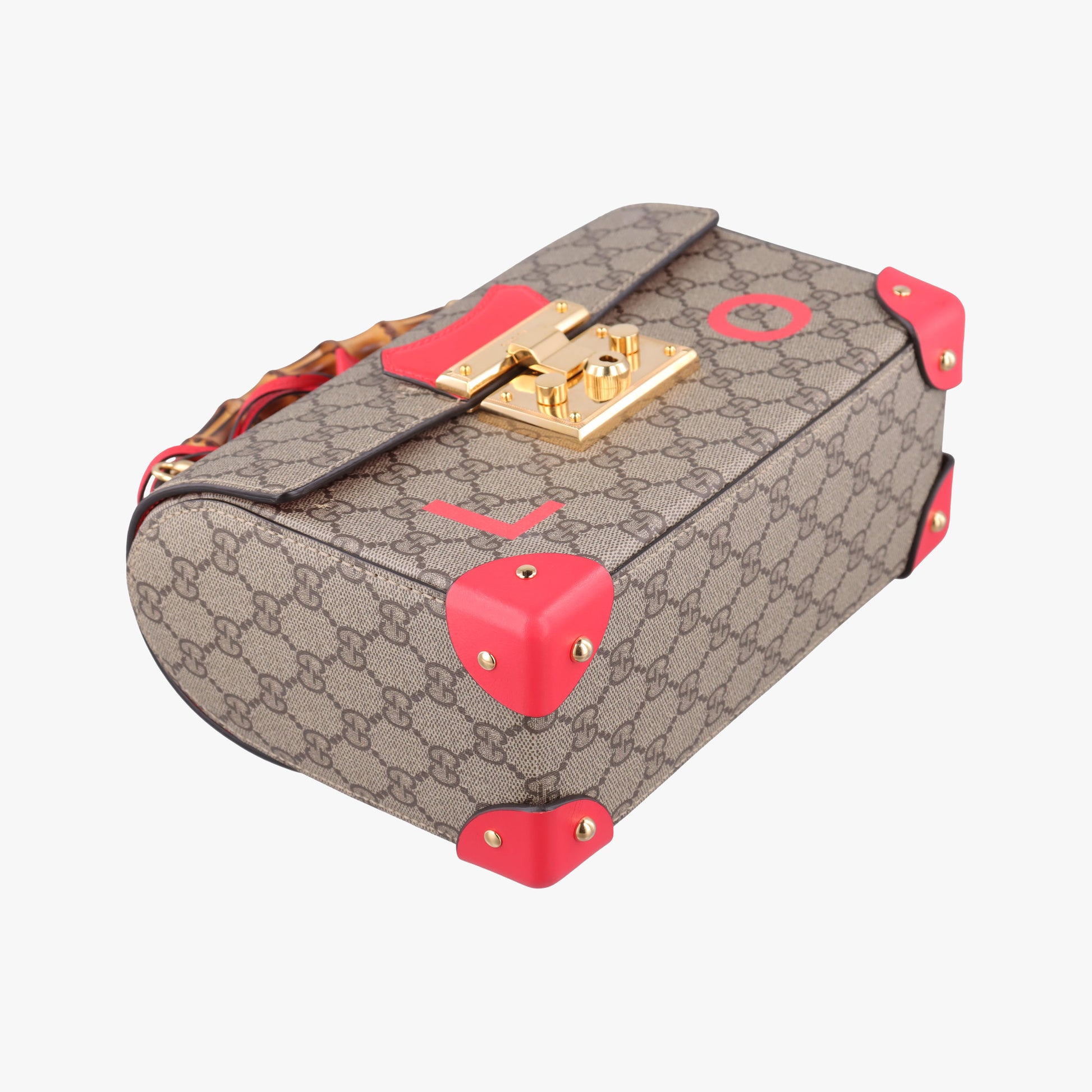 GG flora Padlock Bamboo Brown × Red PVC coated canvas×leather 603221 I037029936GGアップル パドロック バンブー ブラウン × レッド PVCコーティングキャンバス×レザー 603221 I037029936