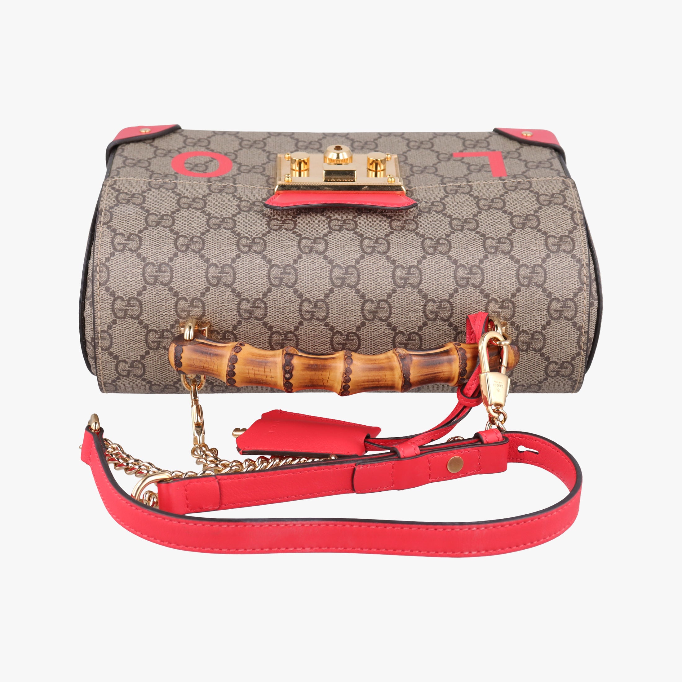 GG flora Padlock Bamboo Brown × Red PVC coated canvas×leather 603221 I037029936GGアップル パドロック バンブー ブラウン × レッド PVCコーティングキャンバス×レザー 603221 I037029936