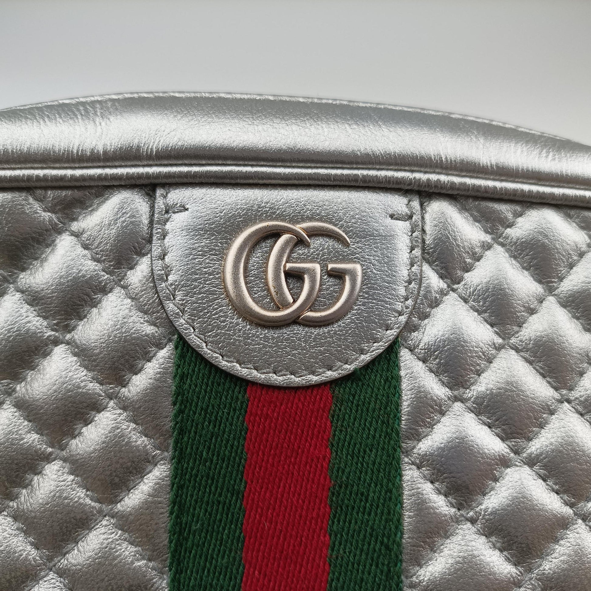 GG Marmont Pochette Silver×Green×Red Leather 541051 I025694078GGマーモント ポシェット シルバー×グリーン×レッド レザー 541051 I025694078