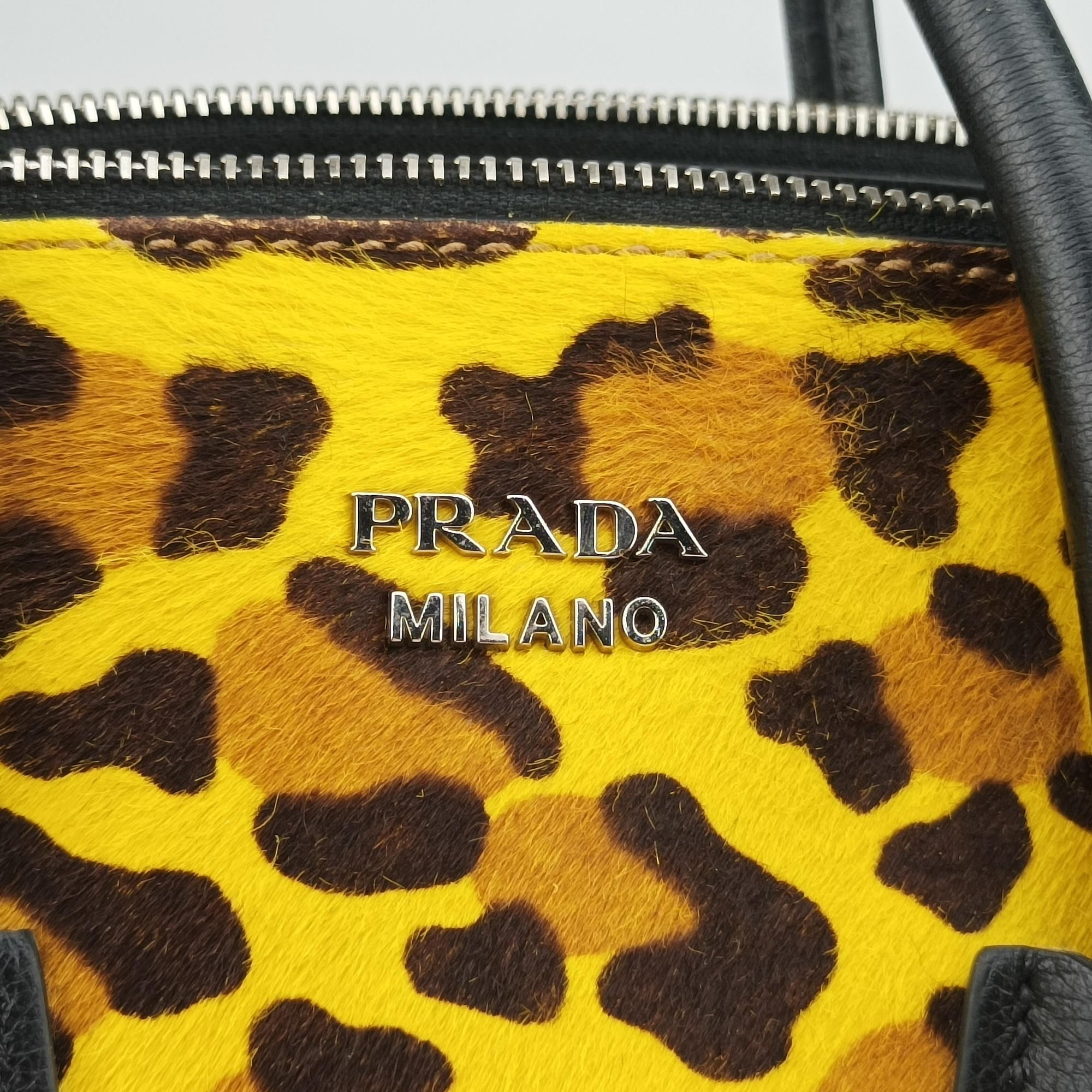 Pre-owned Prada Leopard Pattern Cavallino yellow×Multicolour suede×Leather×ponyhair 1BA025 handbag | stylenewstar