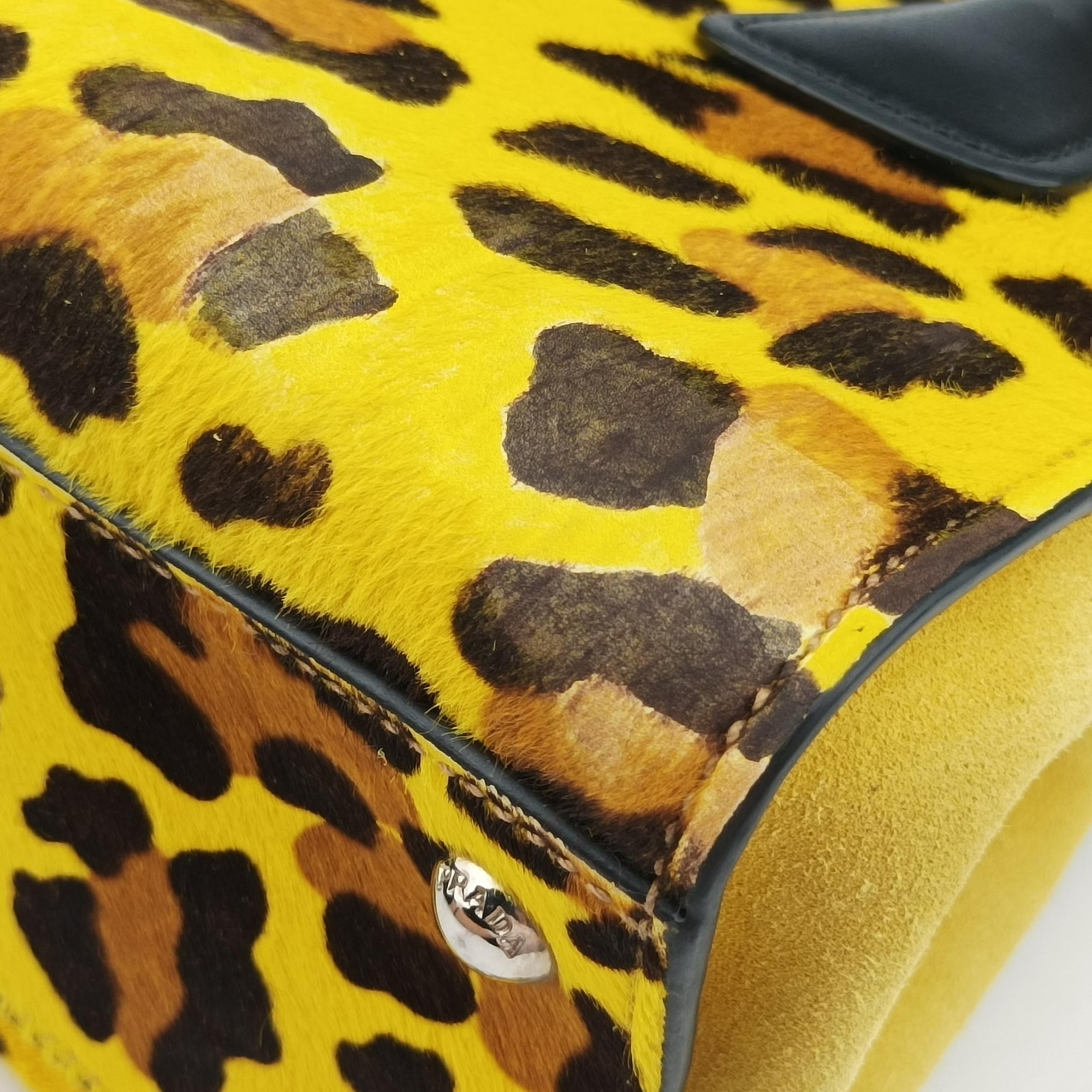Pre-owned Prada Leopard Pattern Cavallino yellow×Multicolour suede×Leather×ponyhair 1BA025 handbag | stylenewstar