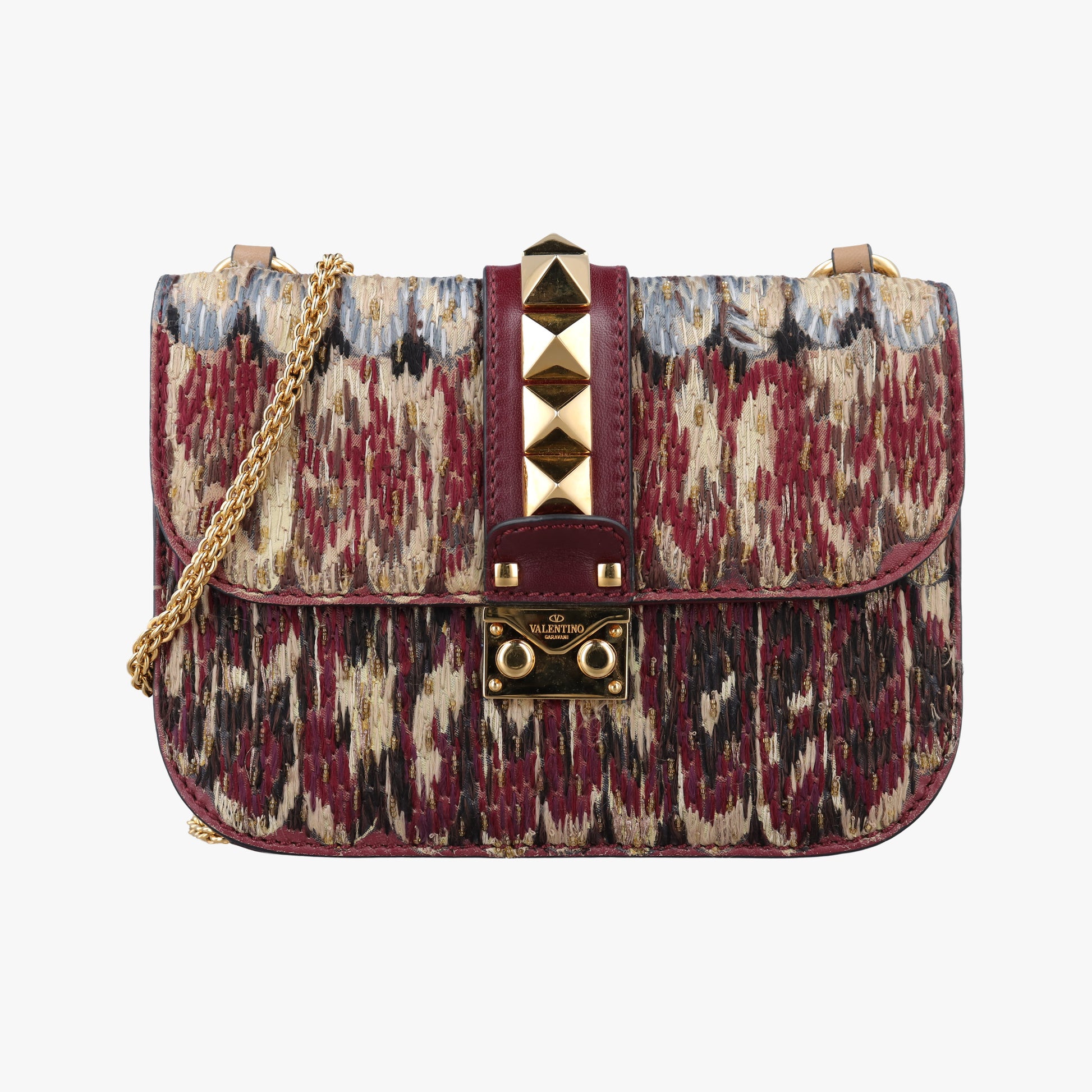 Rockstud　Glam Lock Burgundy x Multicolour fabric x Leather BL-J566RPE0ロックスタッズグラムロック ワインレッド x マルチカラー ファブリック×レザー BL-J566RPE0