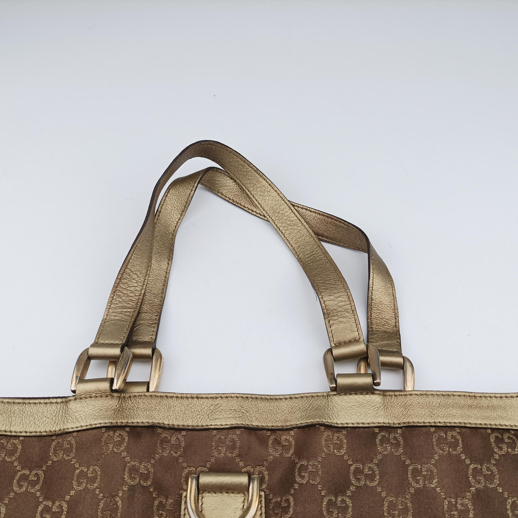 Pre-owned Gucci Abbey line Brown × Gold Leather×canvas 141472 shoulderbag | stylenewstar