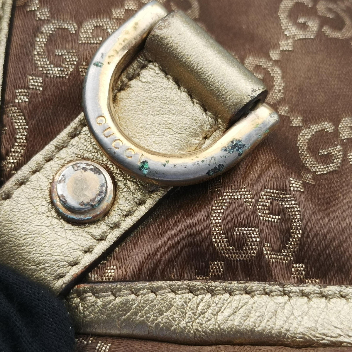 Pre-owned Gucci Abbey line Brown × Gold Leather×canvas 141472 shoulderbag | stylenewstar