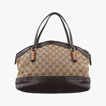Pre-owned Gucci Bamboo Brown GGCanvas×Leather 339002 handbag | stylenewstar