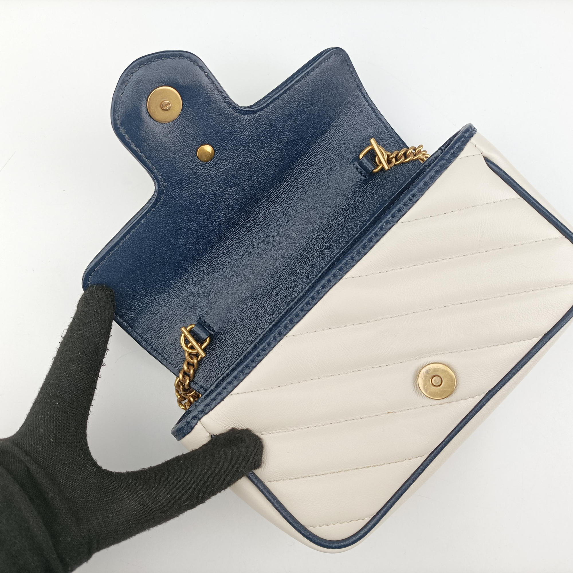 GG Marmont White×navy Leather 574969 GGマーモント ホワイト×ネイビー レザー 574969 