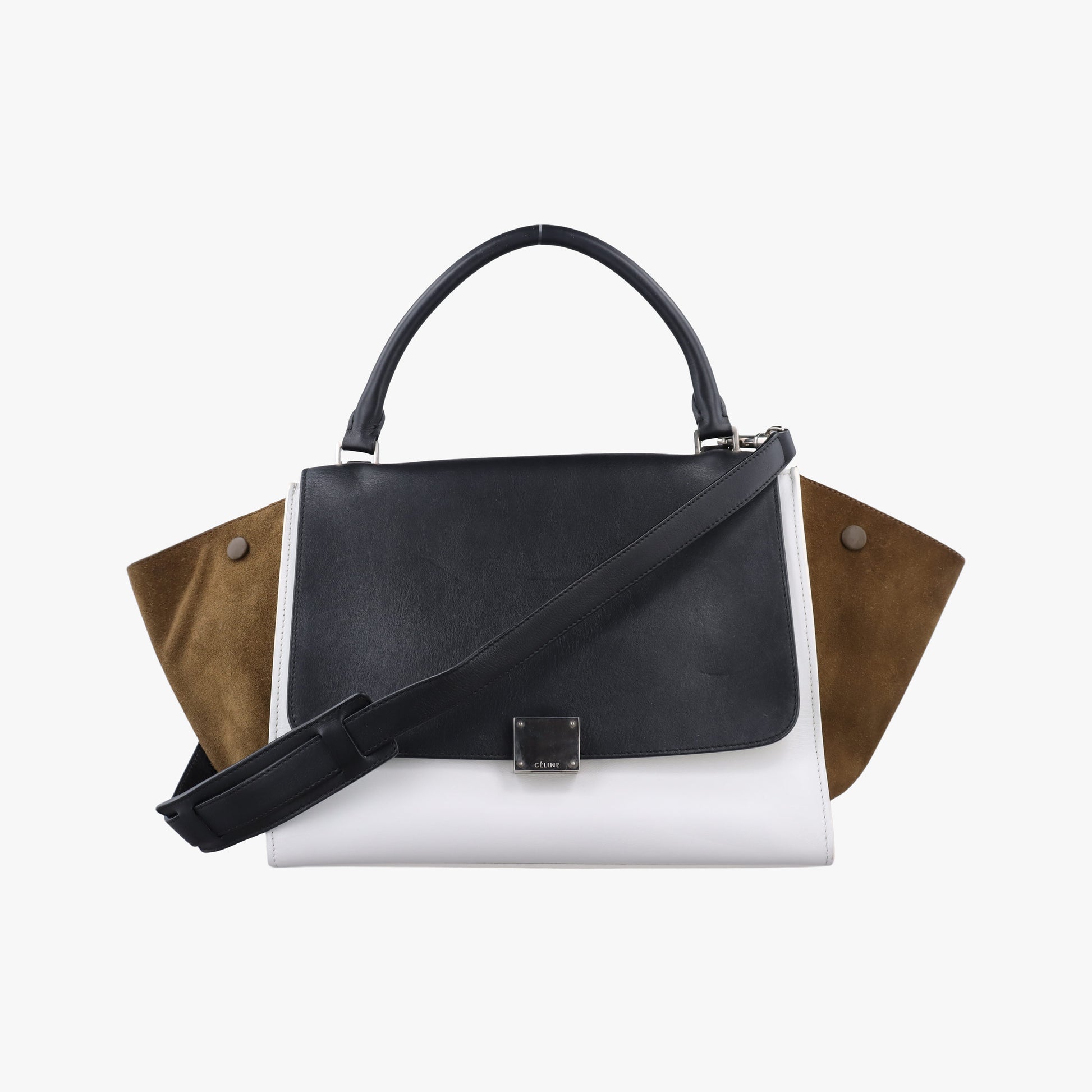 Pre-owned Celine Trapeze Black × White × Brown Suede × leather  shoulderbag | stylenewstar