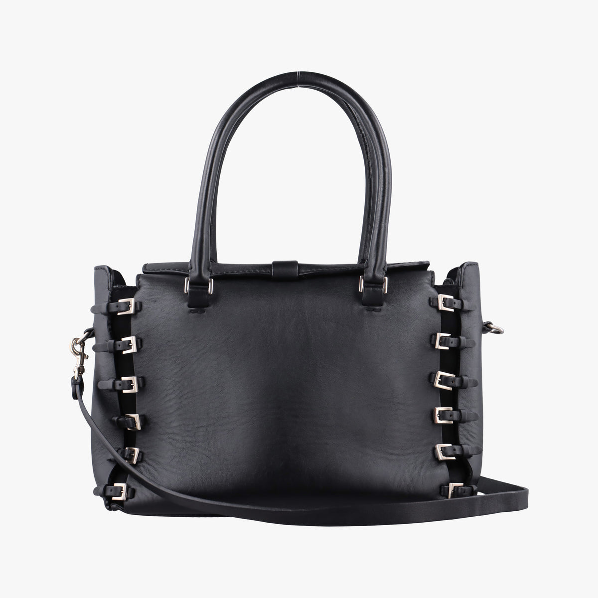 Pre-owned Valentino Buckle Strappy Satchel Black Leather  shoulderbag | stylenewstar
