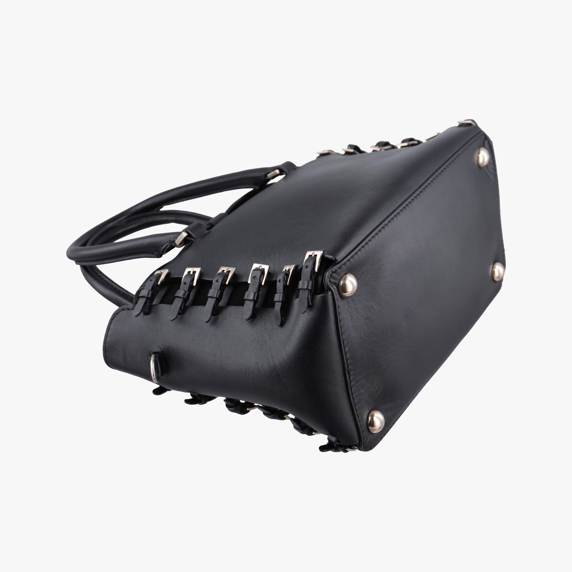 Pre-owned Valentino Buckle Strappy Satchel Black Leather  shoulderbag | stylenewstar