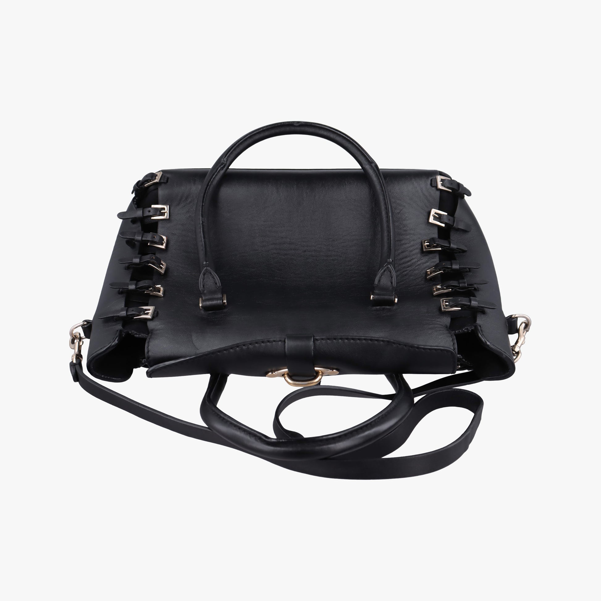 Pre-owned Valentino Buckle Strappy Satchel Black Leather  shoulderbag | stylenewstar