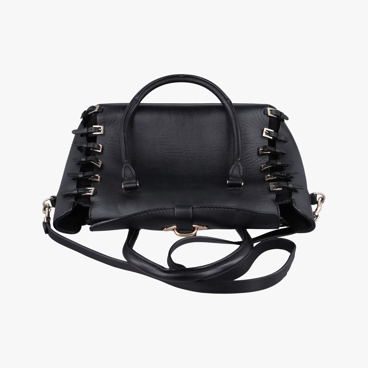 Pre-owned Valentino Buckle Strappy Satchel Black Leather  shoulderbag | stylenewstar