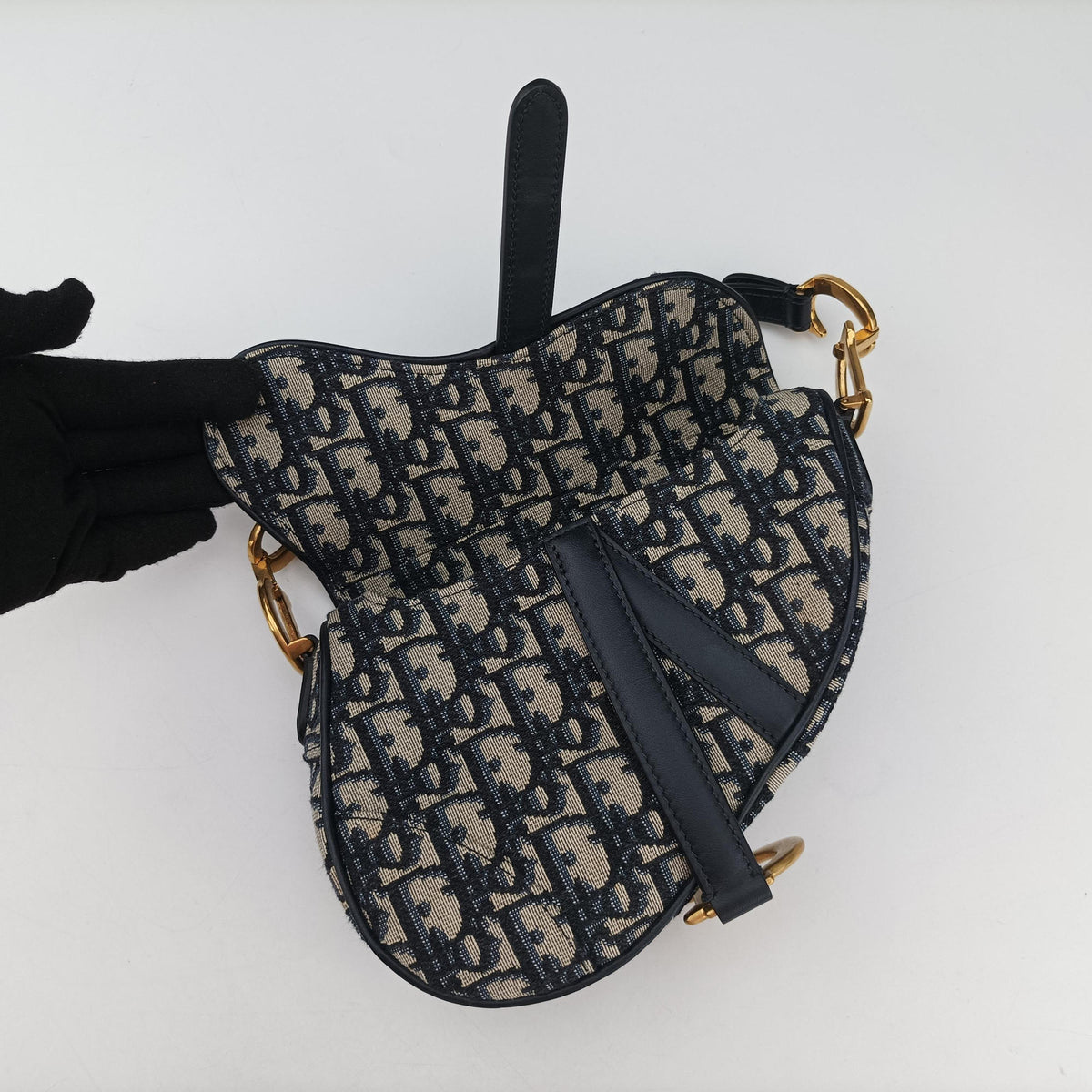 Pre-owned Christian Dior Saddle Navy Jacquard × Leather  shoulderbag | stylenewstar