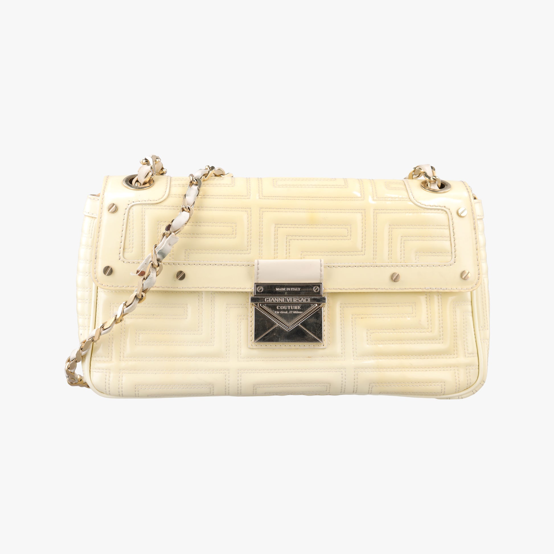 Greek Key Embossed Flap Yellow Patent クチュール グレカ柄 フラップ イエロー パテント 
