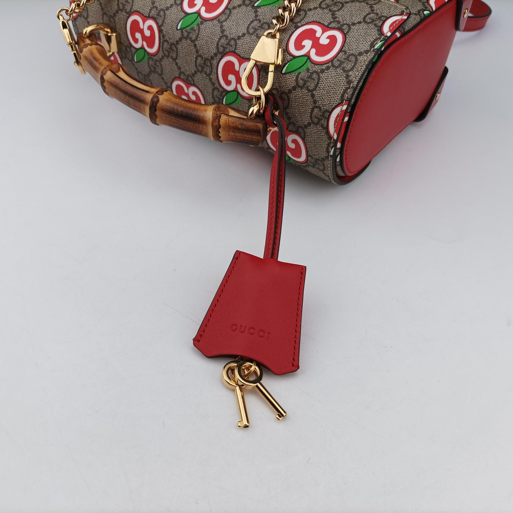 GG flora Padlock Bamboo beige×red×multi PVC coated canvas×Leather 603221 A033033500GGアップル パドロック バンブー ベージュ×レッド×マルチ PVCコーティングキャンバス×レザー 603221 A033033500