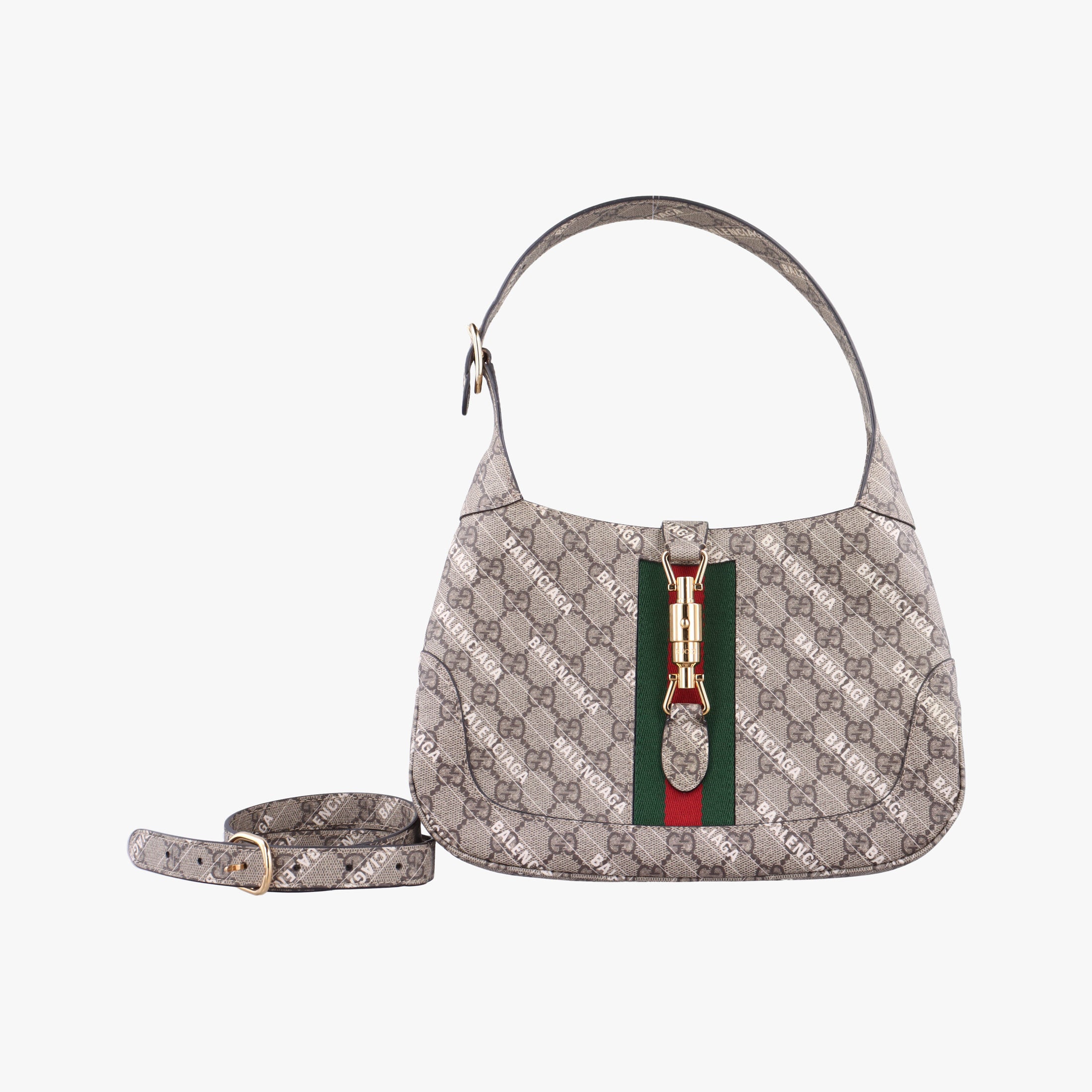 Balenciaga collaboration The Hacker Project Jackie 1961 beige×red×green PVC coated canvas 636706 B036566438バレンシアガ コラボ ザ ハッカー プロジェクト ジャッキー 1961 ベージュ×レッド×グリーン PVCコーティングキャンバス 636706 B036566438