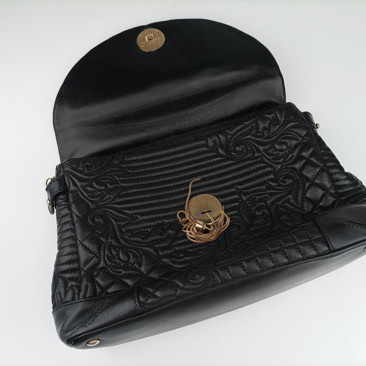 Secondhand VERSACE Embossed Leather Talia Vanitas Black Leather  shoulderbag | stylenewstar