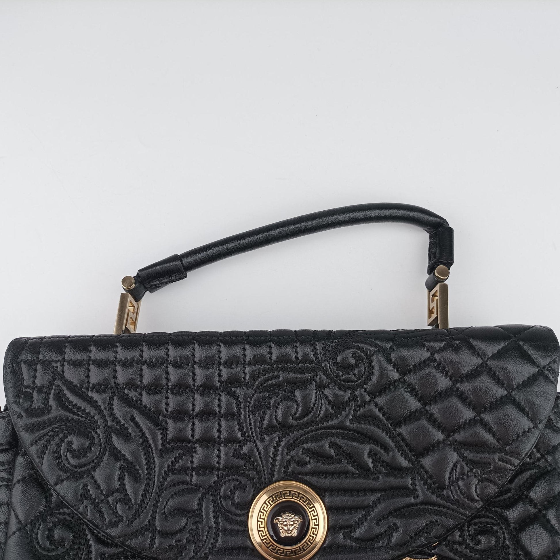 Secondhand VERSACE Embossed Leather Talia Vanitas Black Leather  shoulderbag | stylenewstar