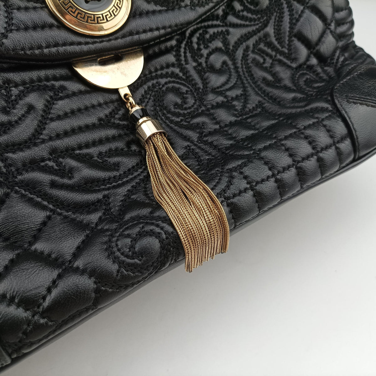 Secondhand VERSACE Embossed Leather Talia Vanitas Black Leather  shoulderbag | stylenewstar