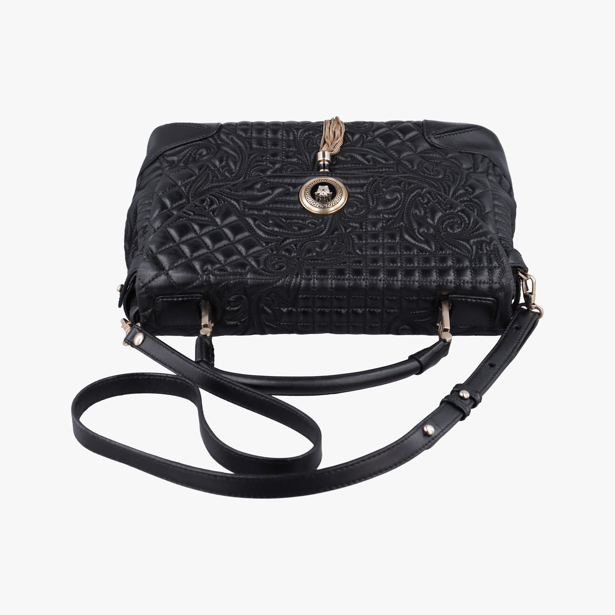 Secondhand VERSACE Embossed Leather Talia Vanitas Black Leather  shoulderbag | stylenewstar