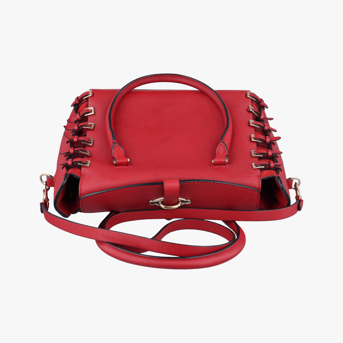 Pre-owned Valentino Buckle Strappy Satchel Red Leather  shoulderbag | stylenewstar