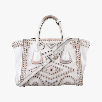 Pre-owned Prada Vitello Vintage Studded Sound White Leather  shoulderbag | stylenewstar