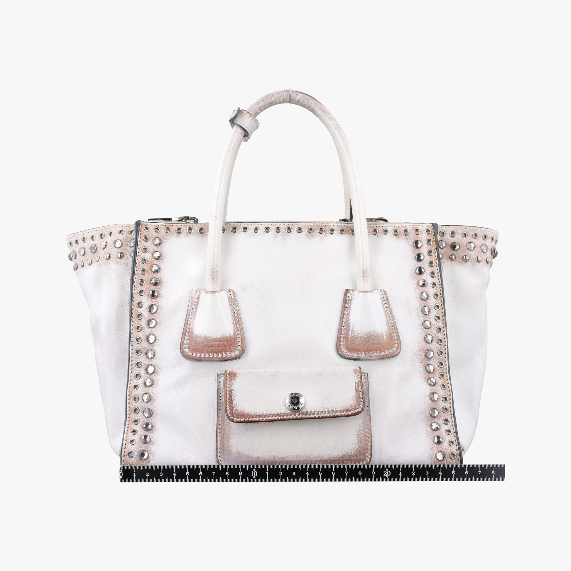 Pre-owned Prada Vitello Vintage Studded Sound White Leather  shoulderbag | stylenewstar