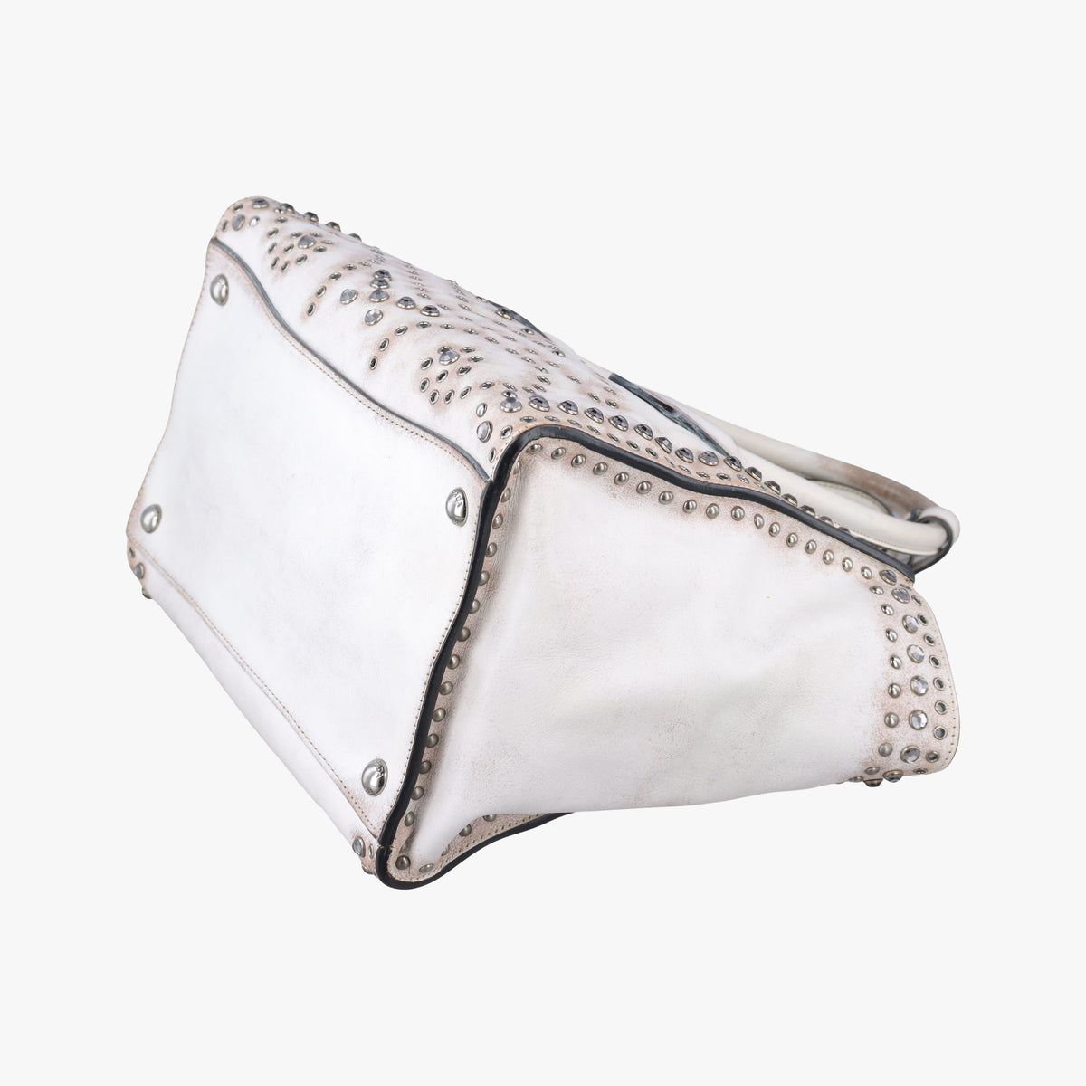 Pre-owned Prada Vitello Vintage Studded Sound White Leather  shoulderbag | stylenewstar