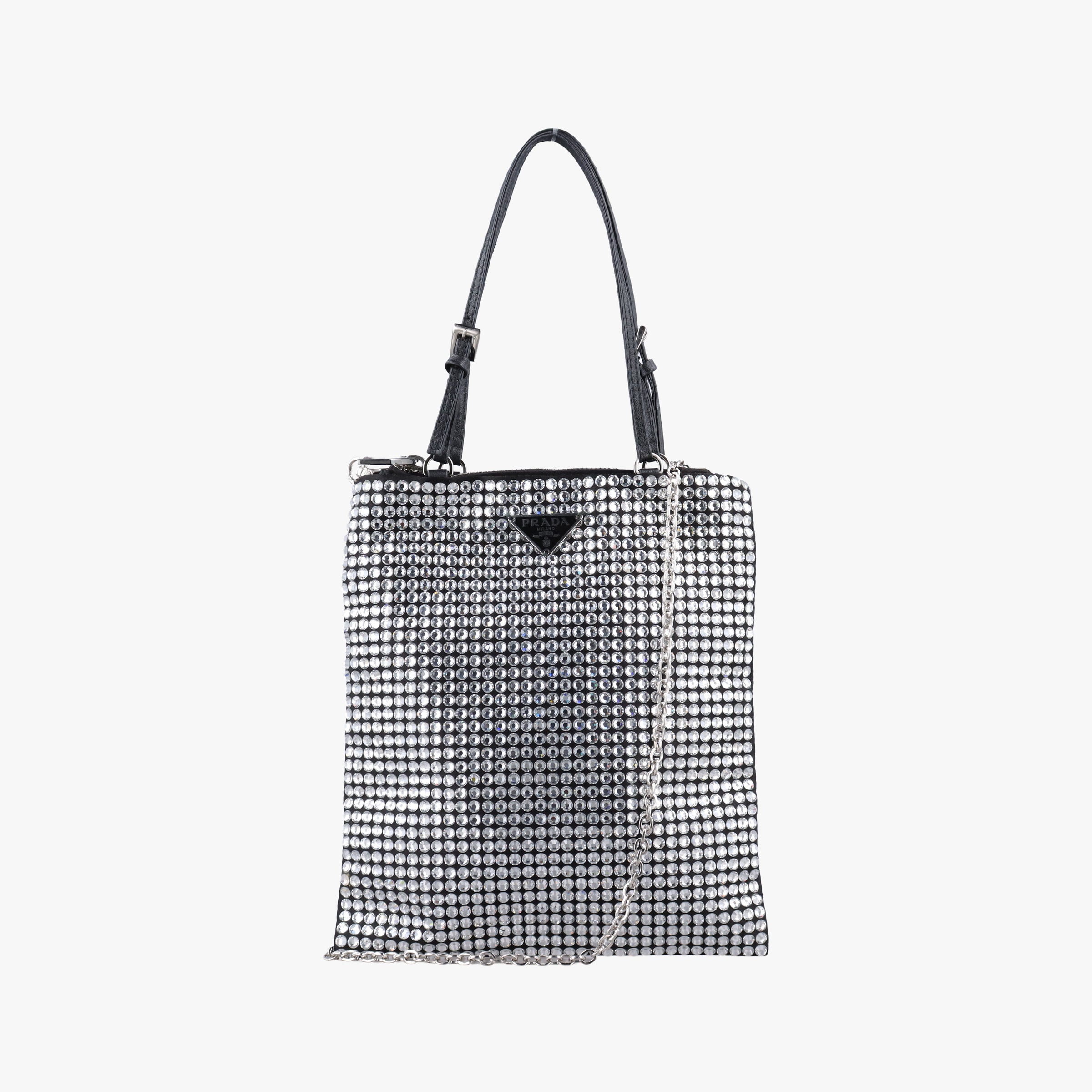 Pre-owned Prada Rosa Satin Crystal Mini Tote Silver Rhinestone 1BA253 shoulderbag | stylenewstar