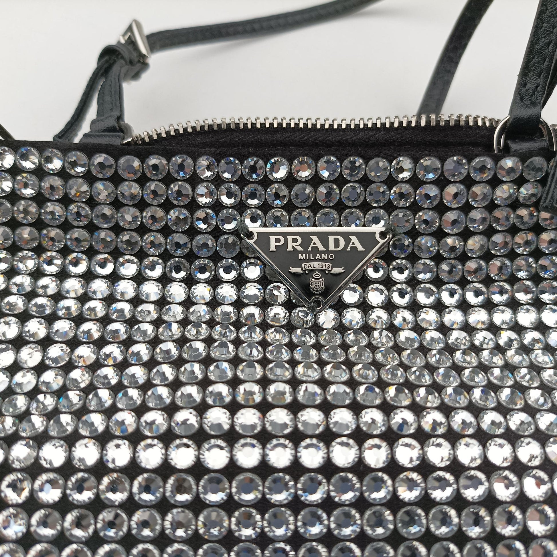 Pre-owned Prada Rosa Satin Crystal Mini Tote Silver Rhinestone 1BA253 shoulderbag | stylenewstar