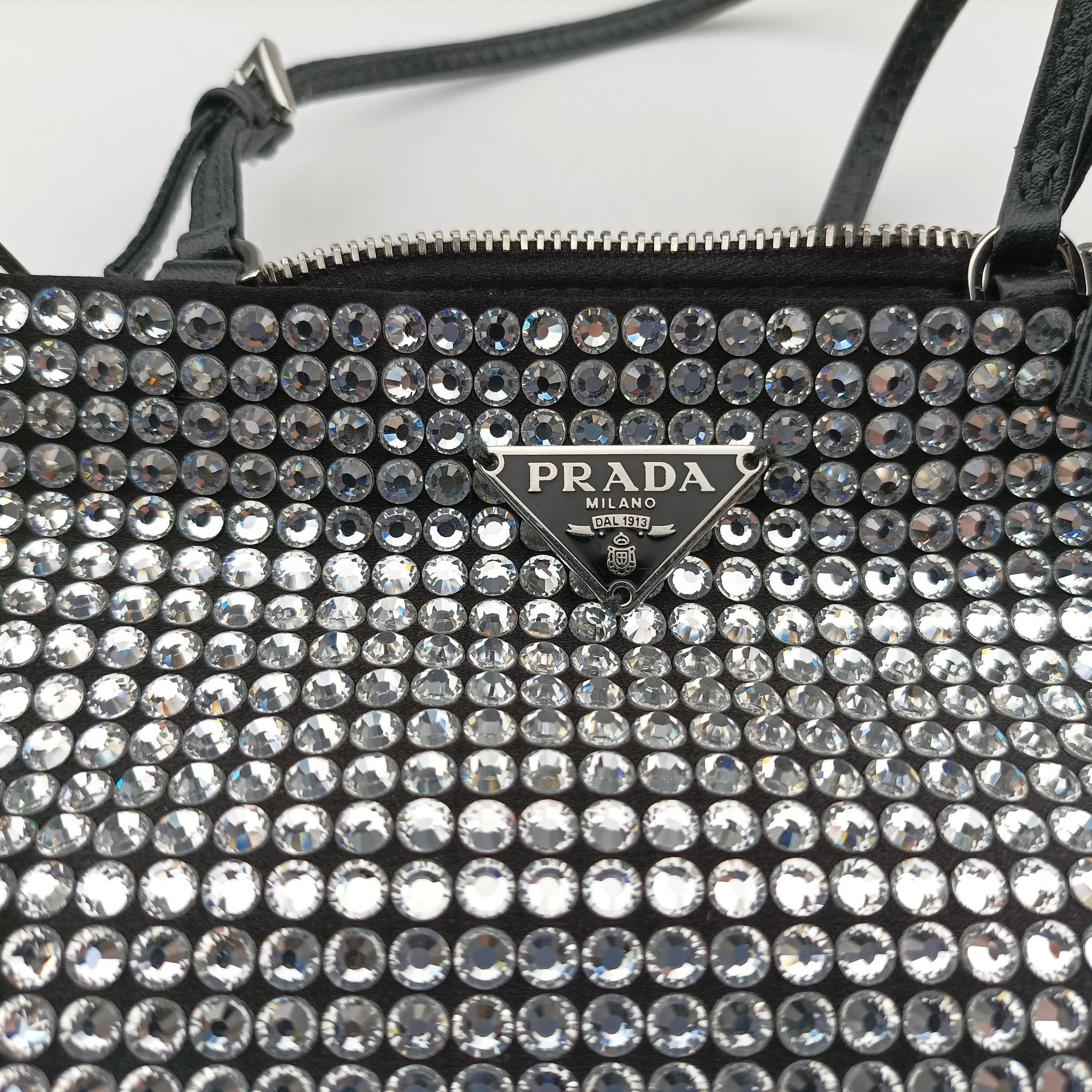 Pre-owned Prada Rosa Satin Crystal Mini Tote Silver Rhinestone 1BA253 shoulderbag | stylenewstar