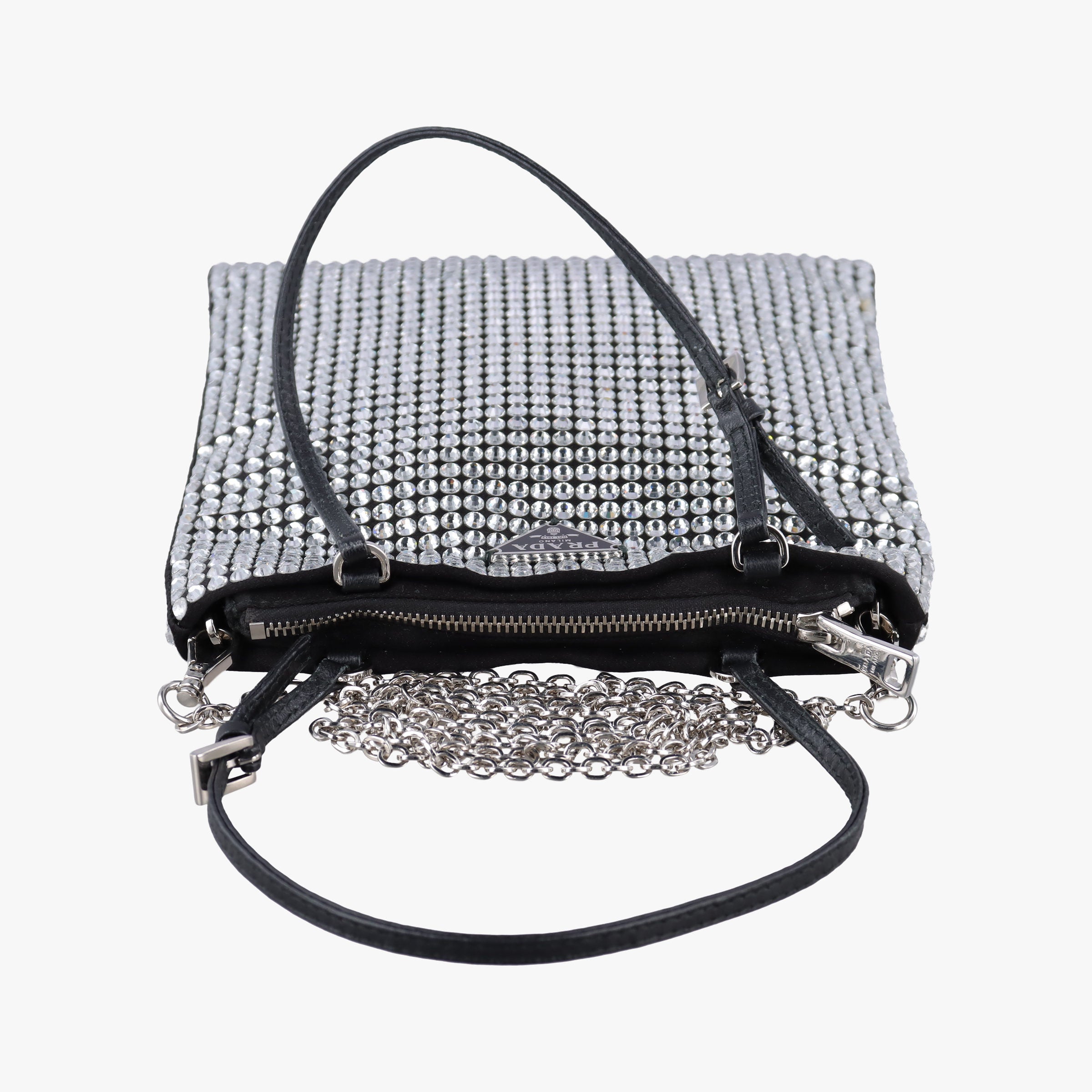 Pre-owned Prada Rosa Satin Crystal Mini Tote Silver Rhinestone 1BA253 shoulderbag | stylenewstar
